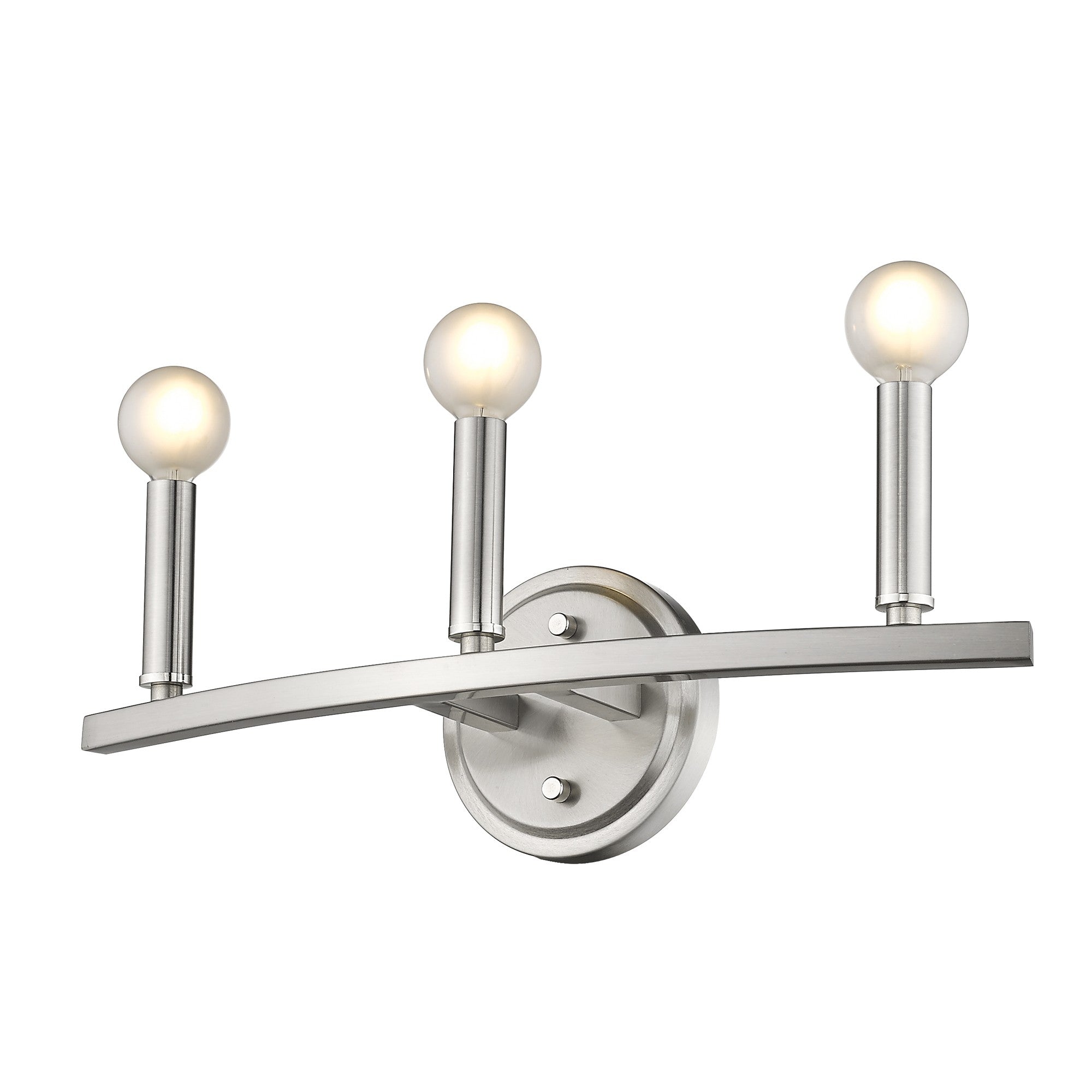 Bottom up right angle view of the lighted Sawyer 3-Light Satin Nickel Vanity Light for modern bathroom vanity spaces with round bulbs