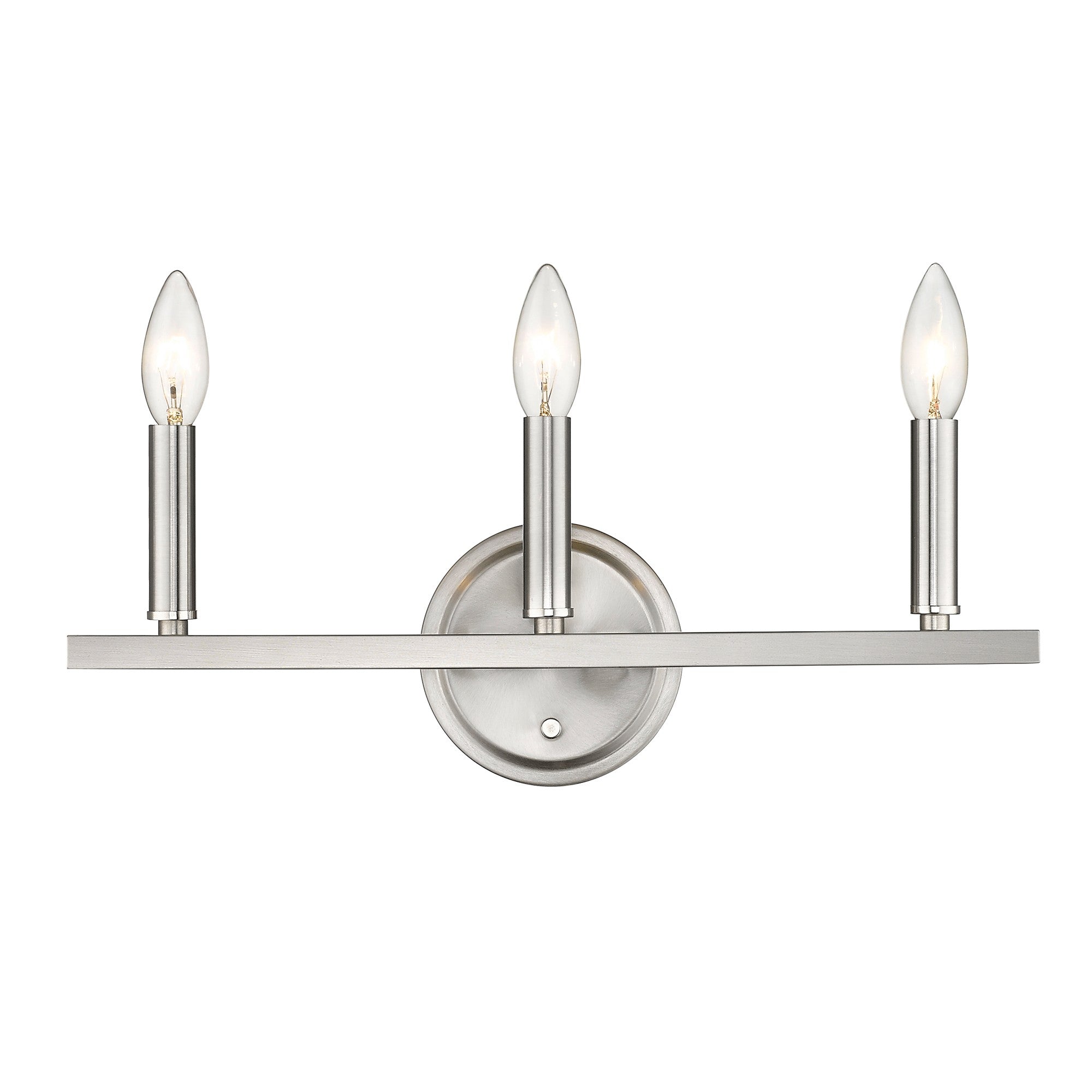Front view of the lighted Sawyer 3-Light Satin Nickel Vanity Light for modern bathroom vanity spaces with candelabra bulbs