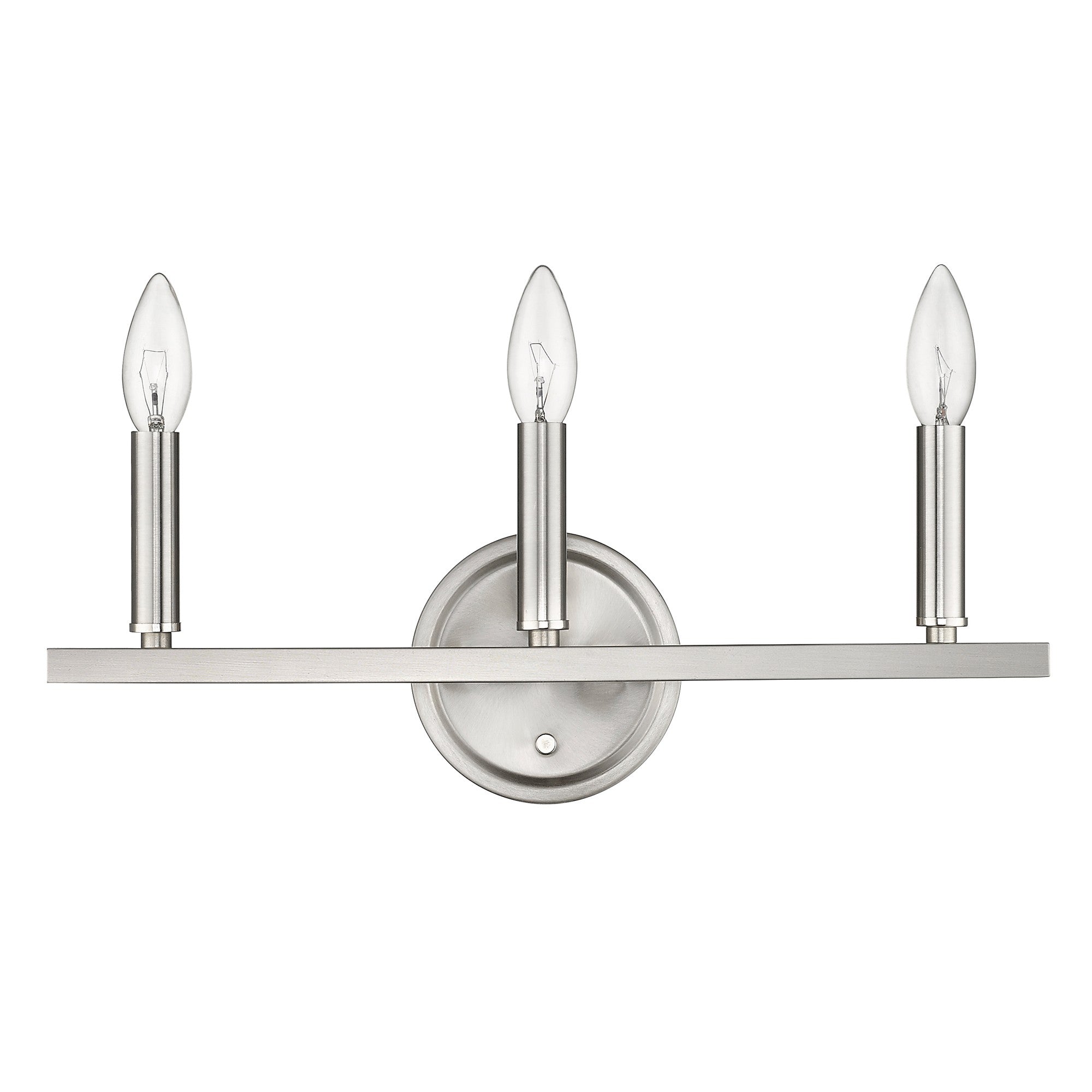 Front view of the Sawyer 3-Light Satin Nickel Vanity Light for modern bathroom vanity spaces with candelabra bulbs