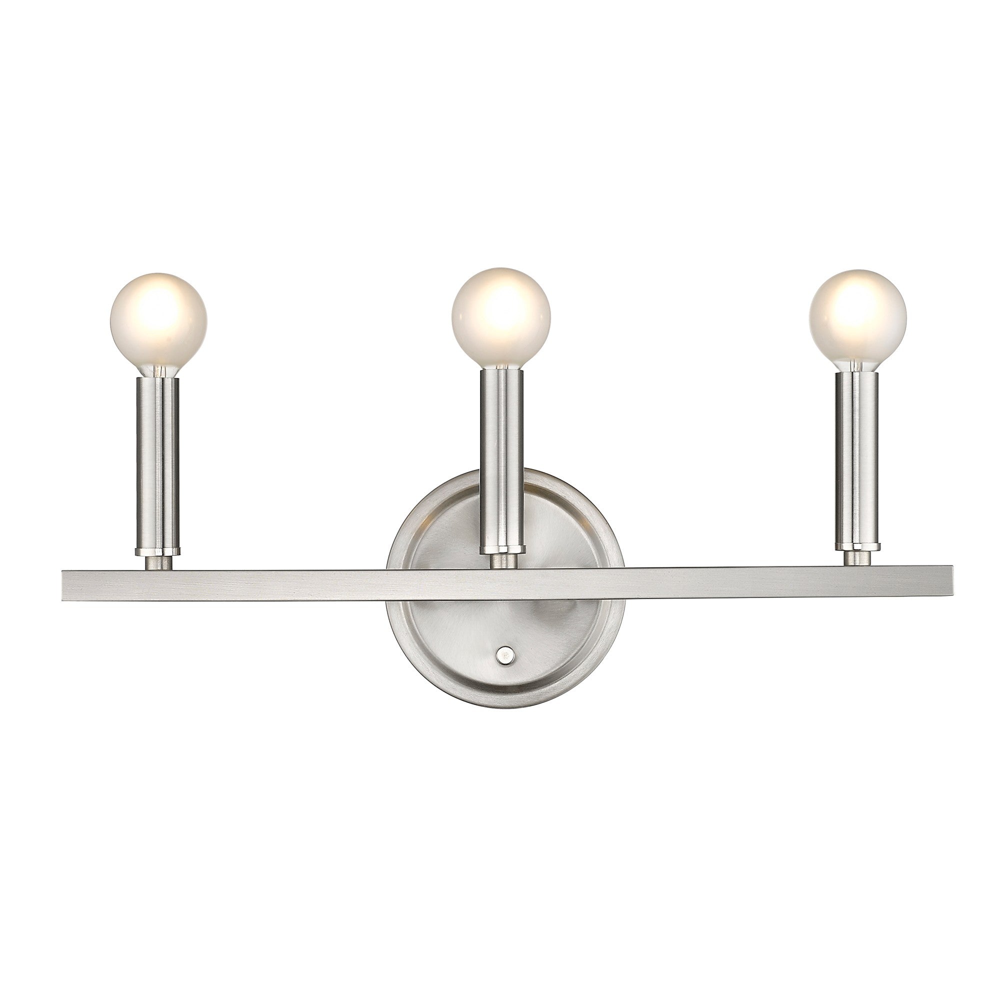 Front view of the lighted Sawyer 3-Light Satin Nickel Vanity Light for modern bathroom vanity spaces with round bulbs