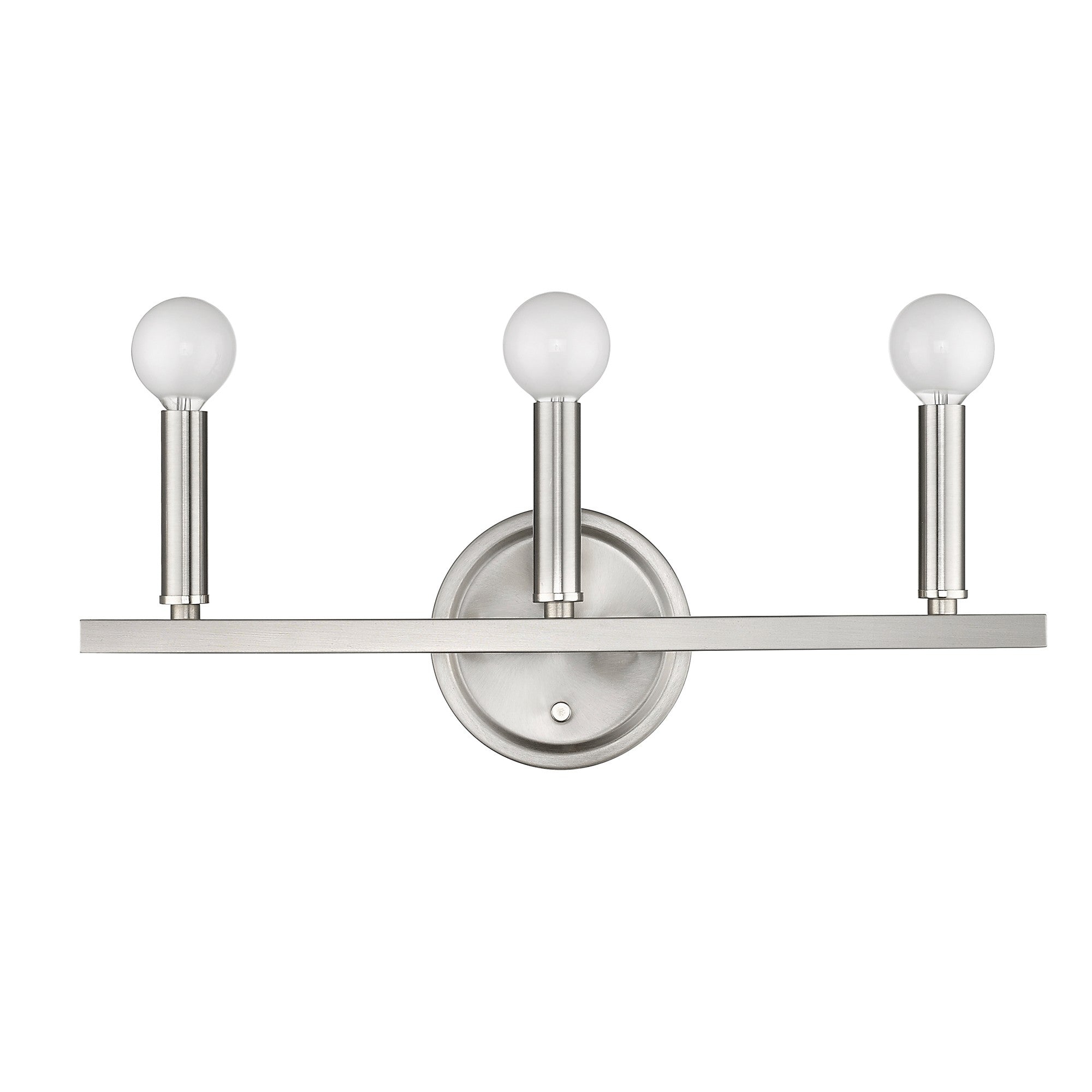 Front view of the Sawyer 3-Light Satin Nickel Vanity Light for modern bathroom vanity spaces with round bulbs