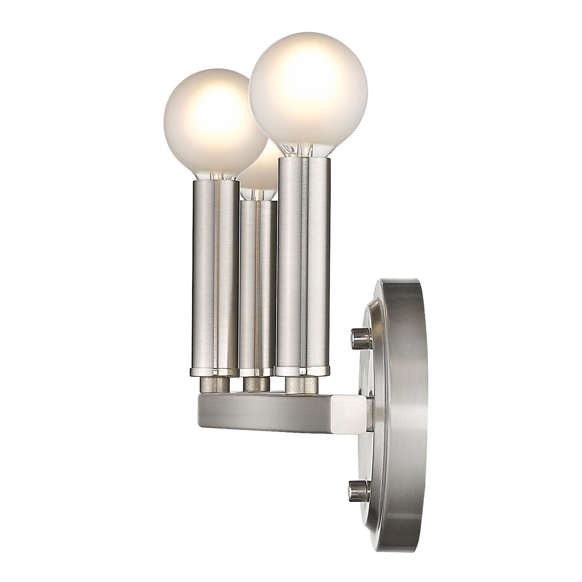 Side view of the lighted Sawyer 3-Light Satin Nickel Vanity Light for modern bathroom vanity spaces