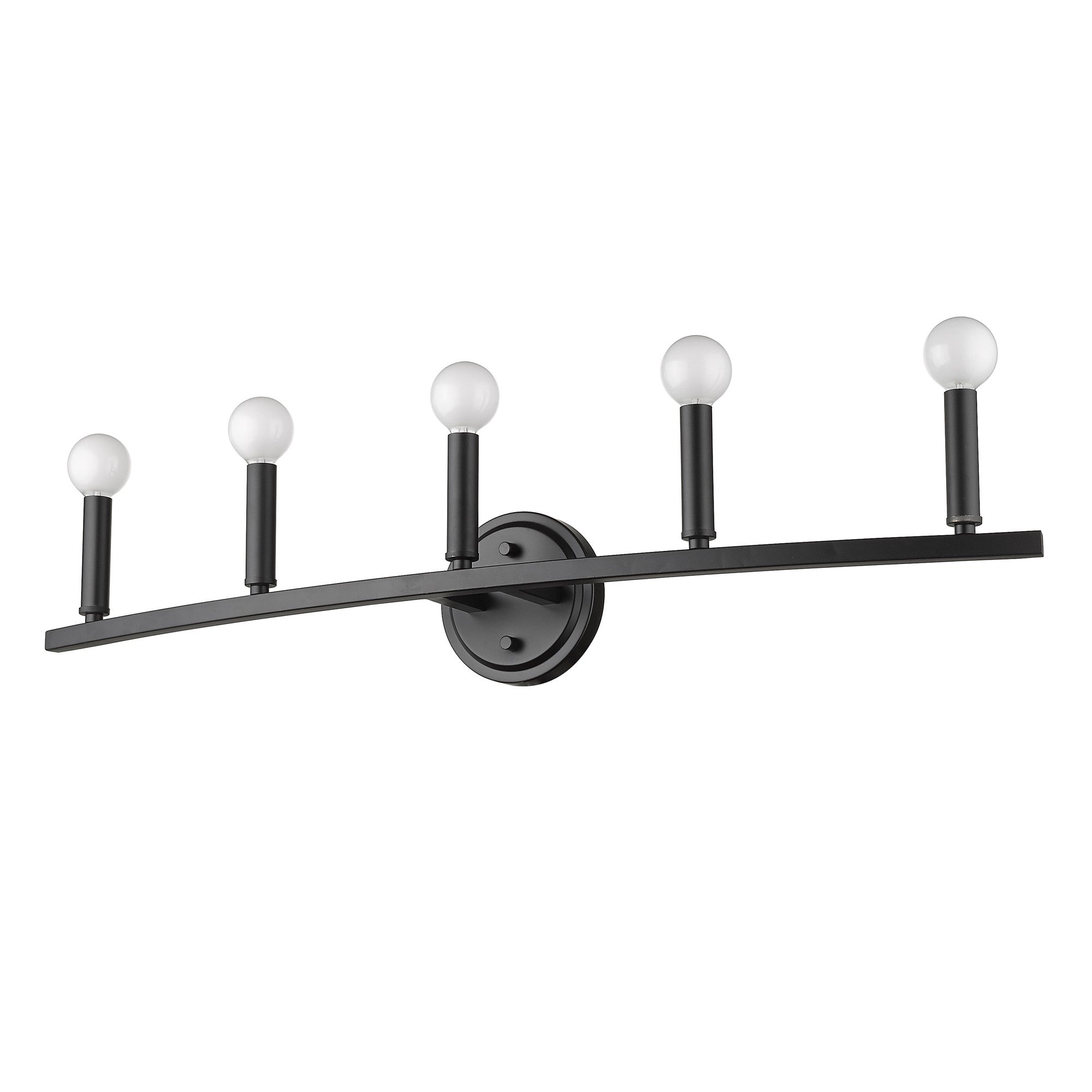 Bottom up angle view of the Sawyer 5-Light Matte Black Vanity Light with reversible mount for modern bathroom