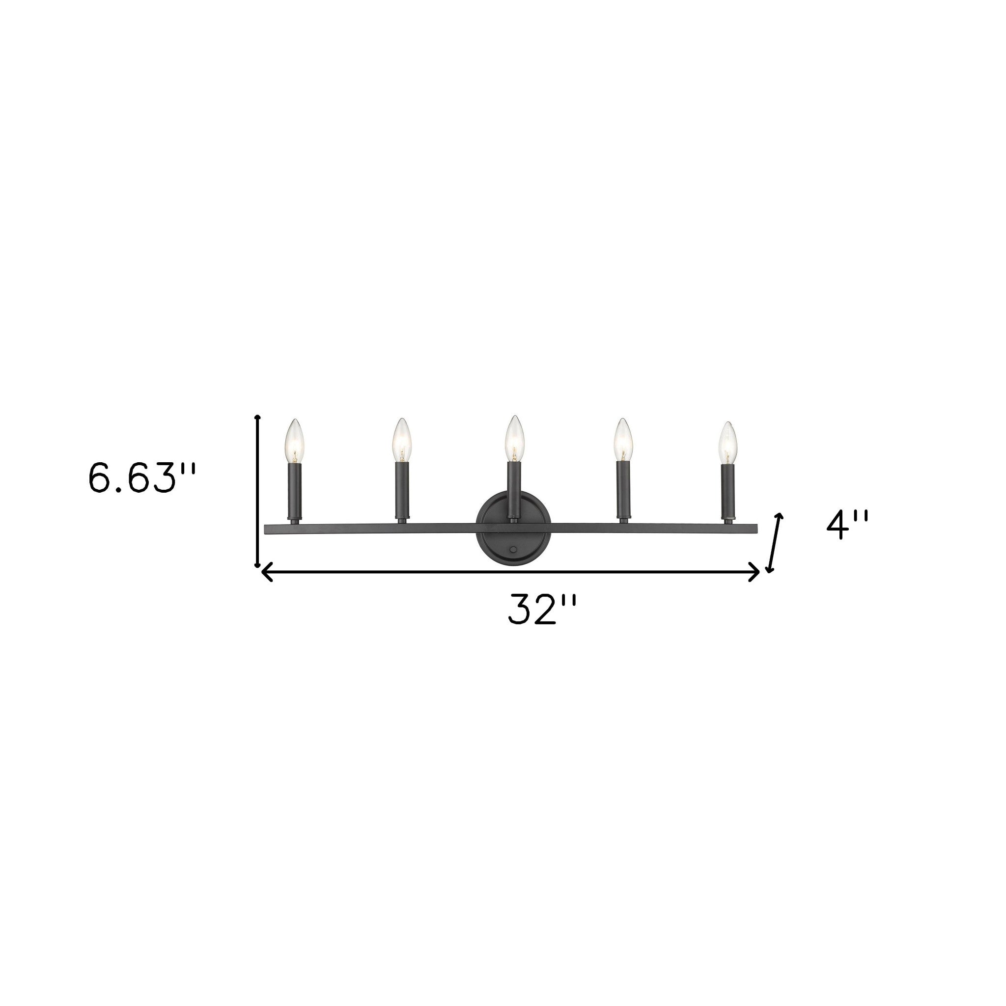 Sawyer 5-Light Matte Black Vanity Light with reversible mount for modern bathroom shown with dimensions of 6 point 63 inches high by 32 inches wide by 4 inches deep