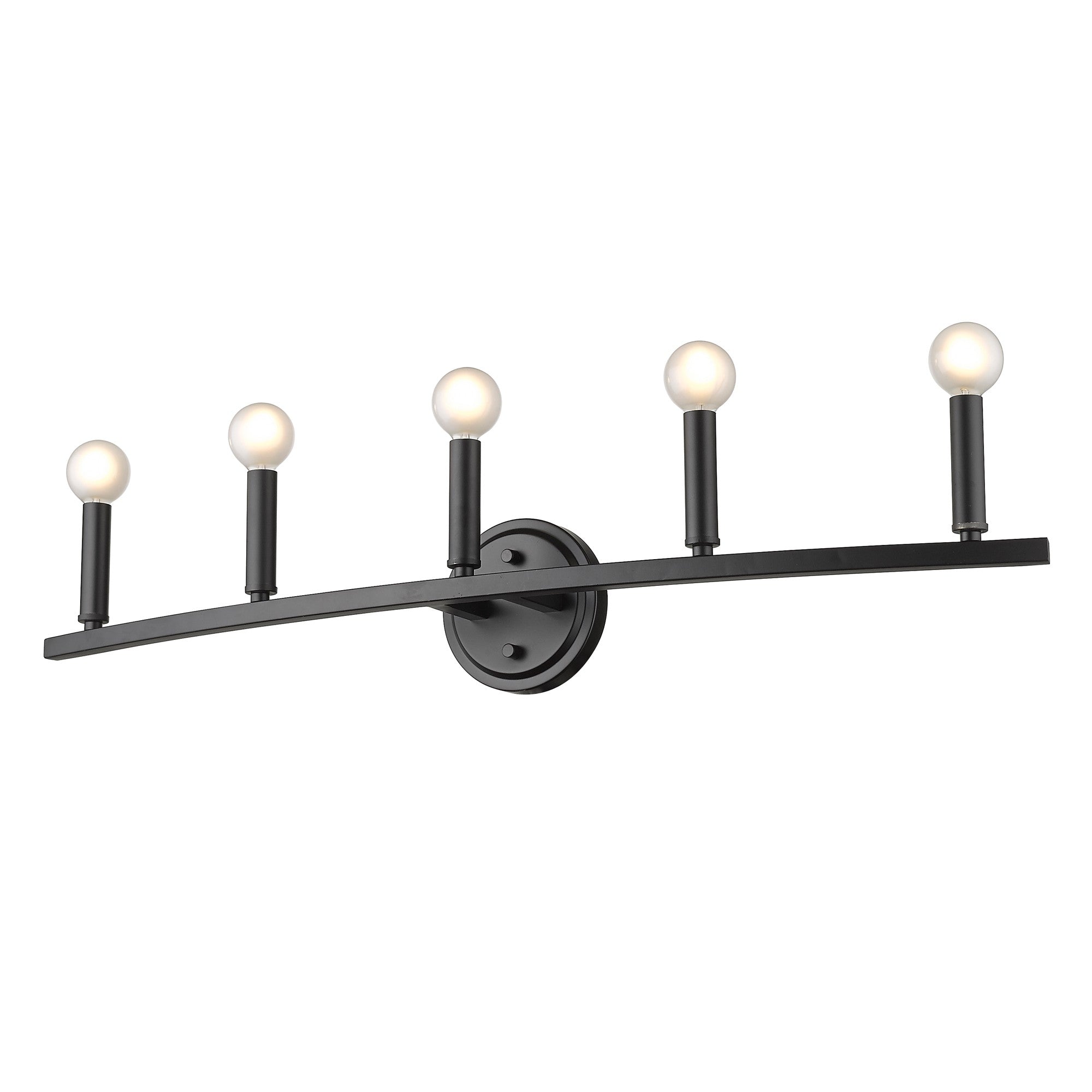 Bottom up angle view of the lighted Sawyer 5-Light Matte Black Vanity Light with reversible mount for modern bathroom