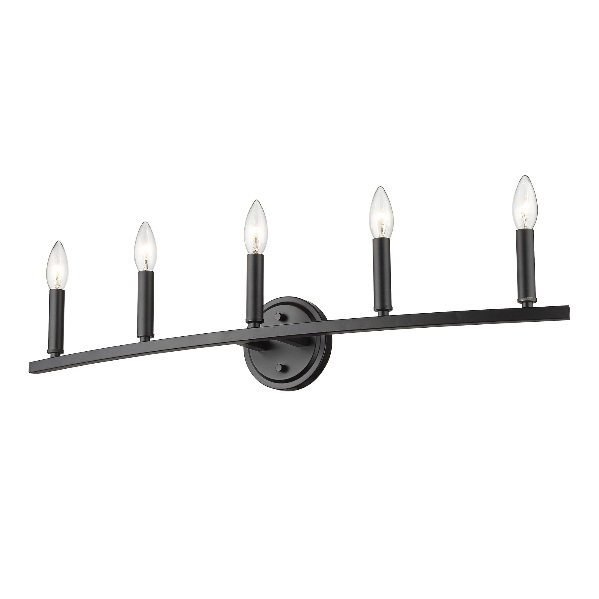 Bottom up right angle view of the lighted Sawyer 5-Light Matte Black Vanity Light with reversible mount for modern bathroom with candelabra bulbs