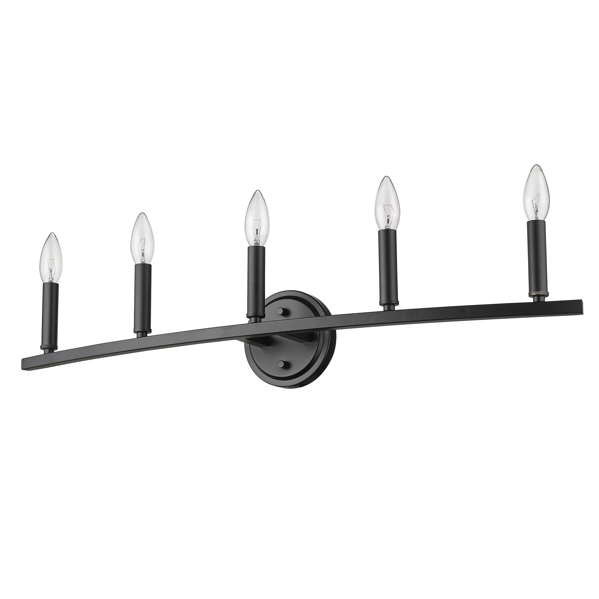 Bottom up right angle view of the Sawyer 5-Light Matte Black Vanity Light with reversible mount for modern bathroom with candelabra bulbs