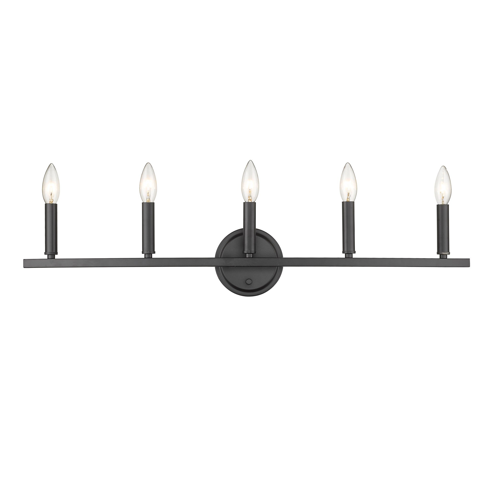 Front view of the lighted Sawyer 5-Light Matte Black Vanity Light with reversible mount for modern bathroom