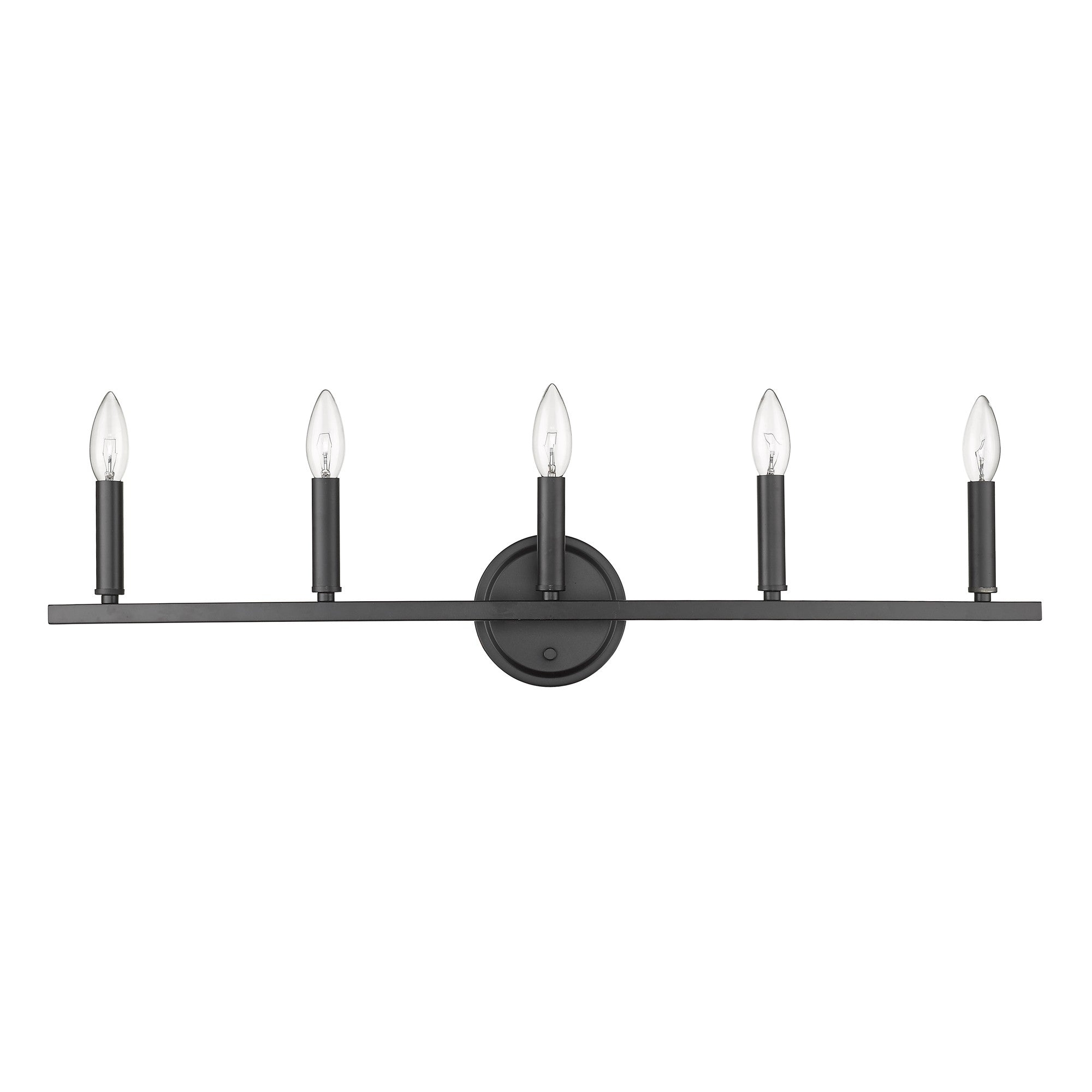 Front view of the Sawyer 5-Light Matte Black Vanity Light with reversible mount for modern bathroom