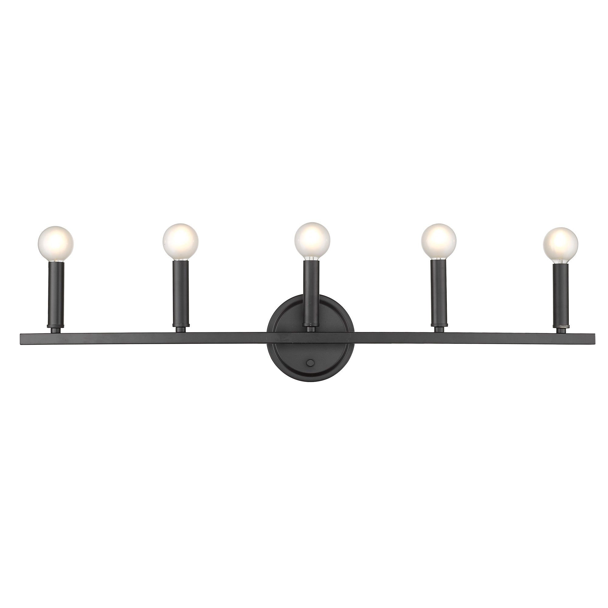 Front view of the lighted Sawyer 5-Light Matte Black Vanity Light with reversible mount for modern bathroom with round bulbs