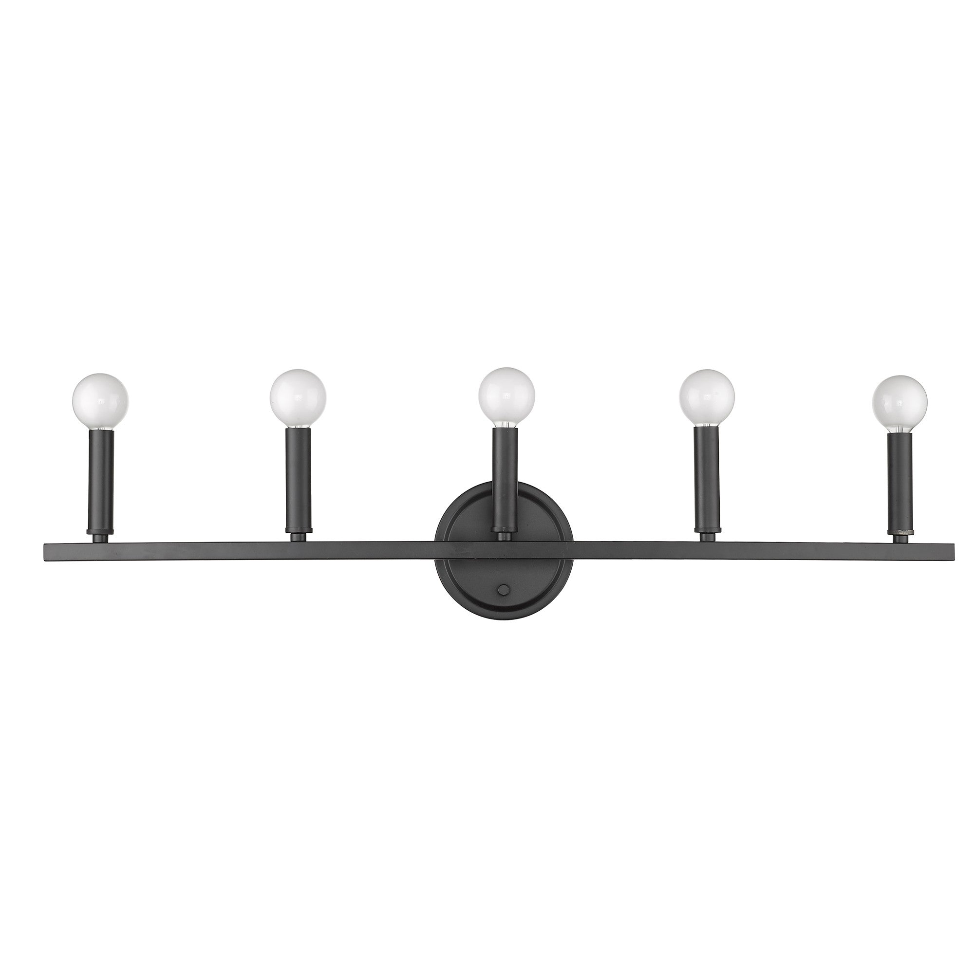 Front view of the Sawyer 5-Light Matte Black Vanity Light with reversible mount for modern bathroom with round bulbs