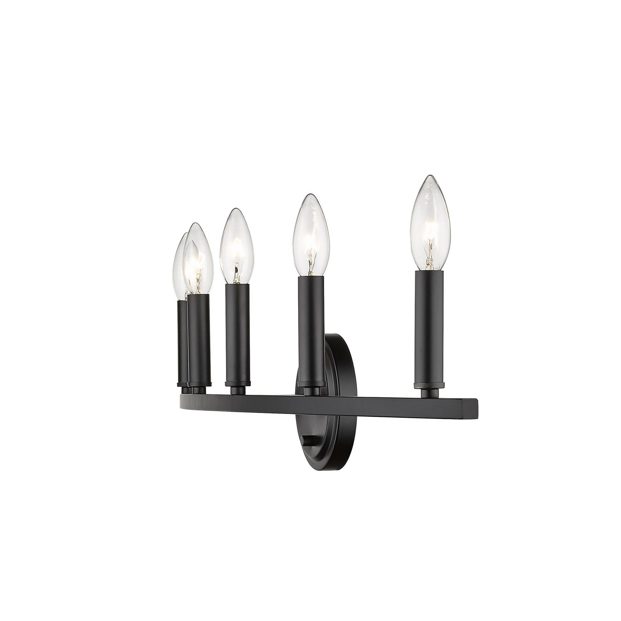 Front right angle view of the lighted Sawyer 5-Light Matte Black Vanity Light with reversible mount for modern bathroom