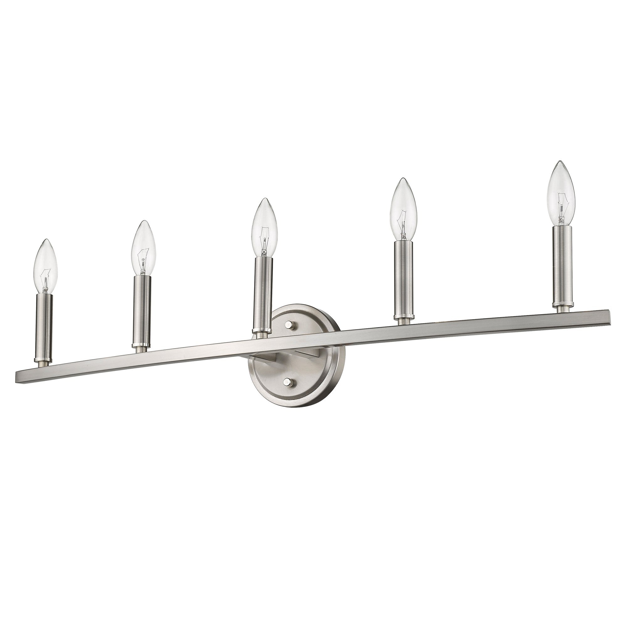 Bottom up right angle view of the Sawyer 5-Light Satin Nickel Curved Vanity Light with reversible mount for bathroom