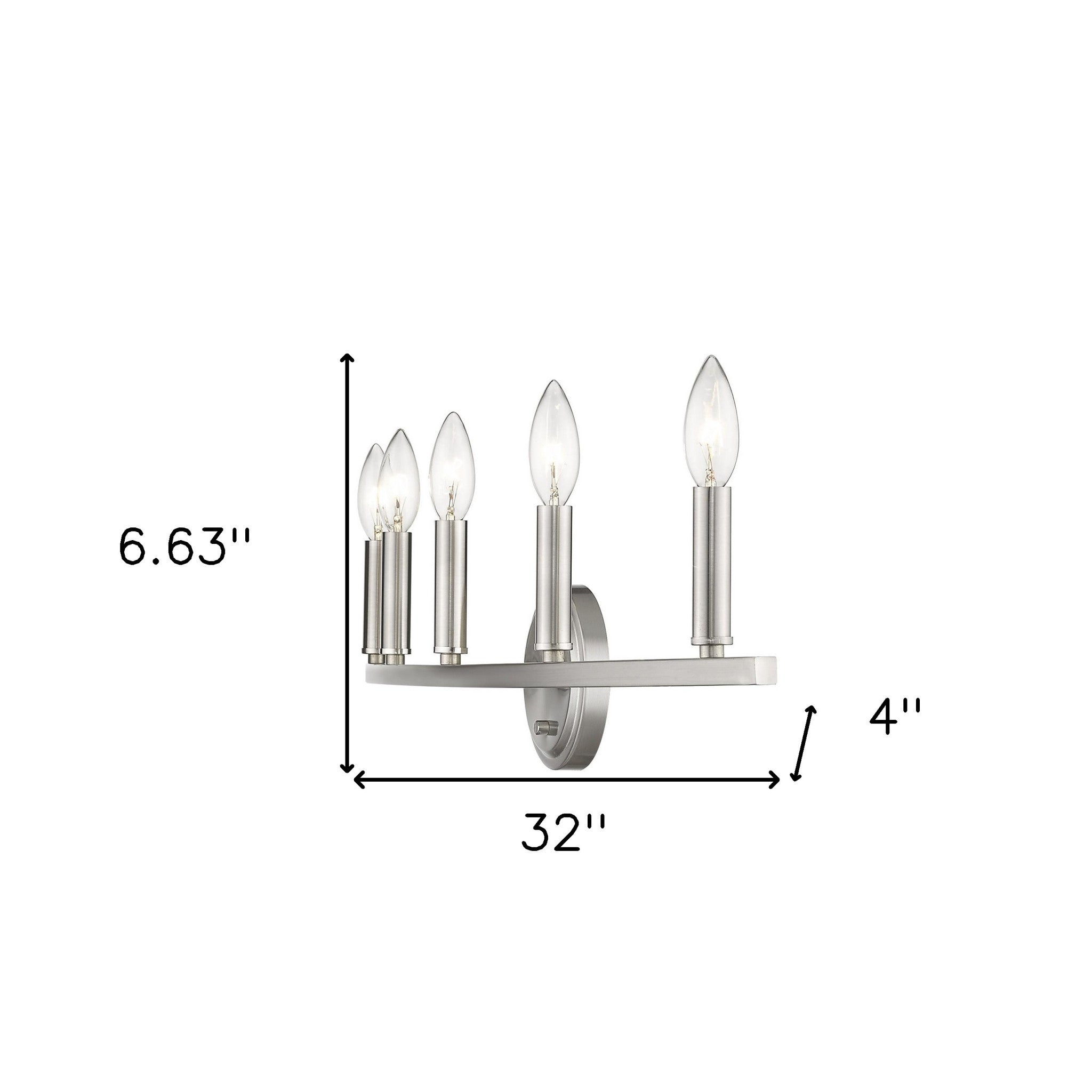 Sawyer 5-Light Satin Nickel Curved Vanity Light with reversible mount for bathroom shown with dimensions of 6 point 63 inches high by 32 inches wide by 4 inches deep