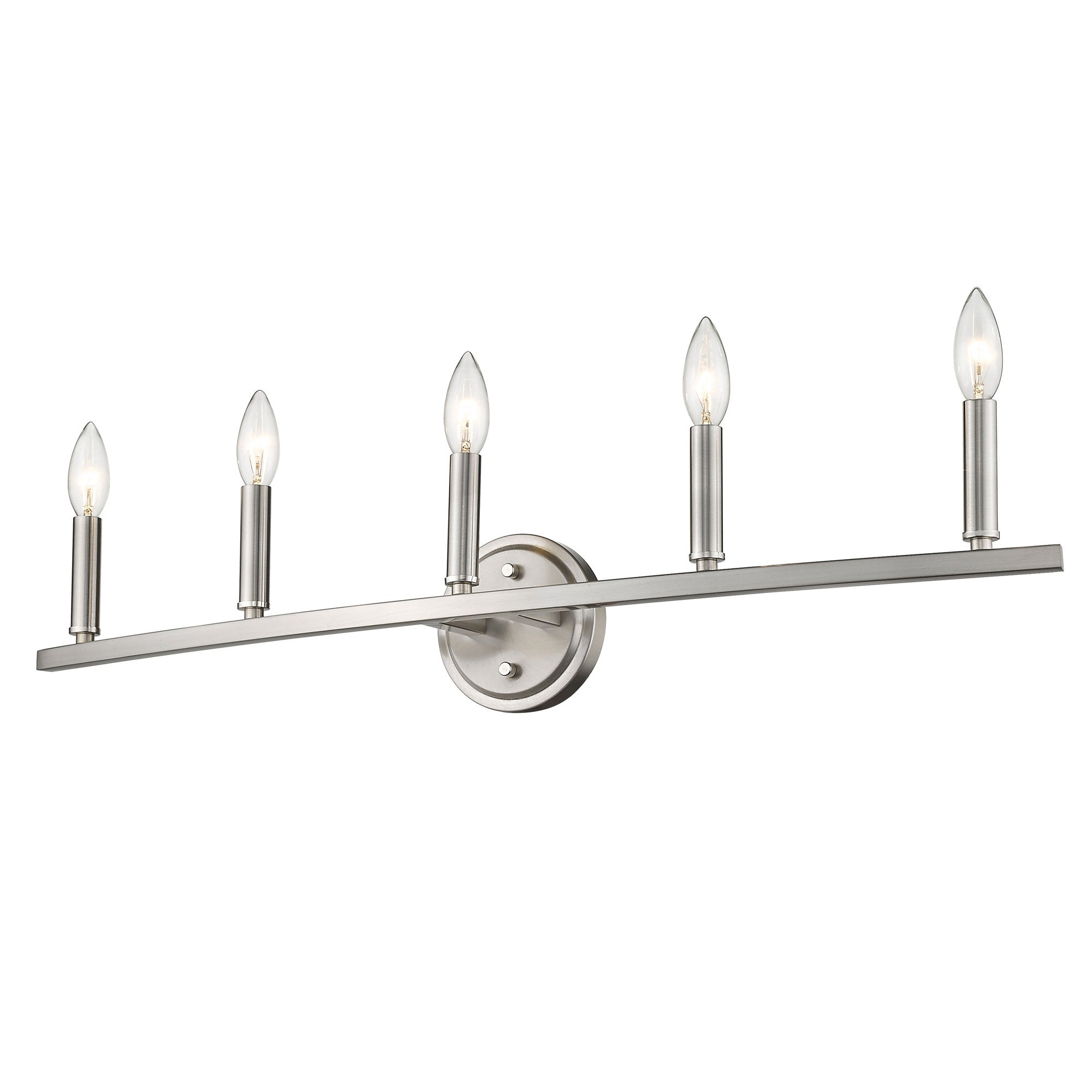 Bottom up right angle view of the lighted Sawyer 5-Light Satin Nickel Curved Vanity Light with reversible mount for bathroom