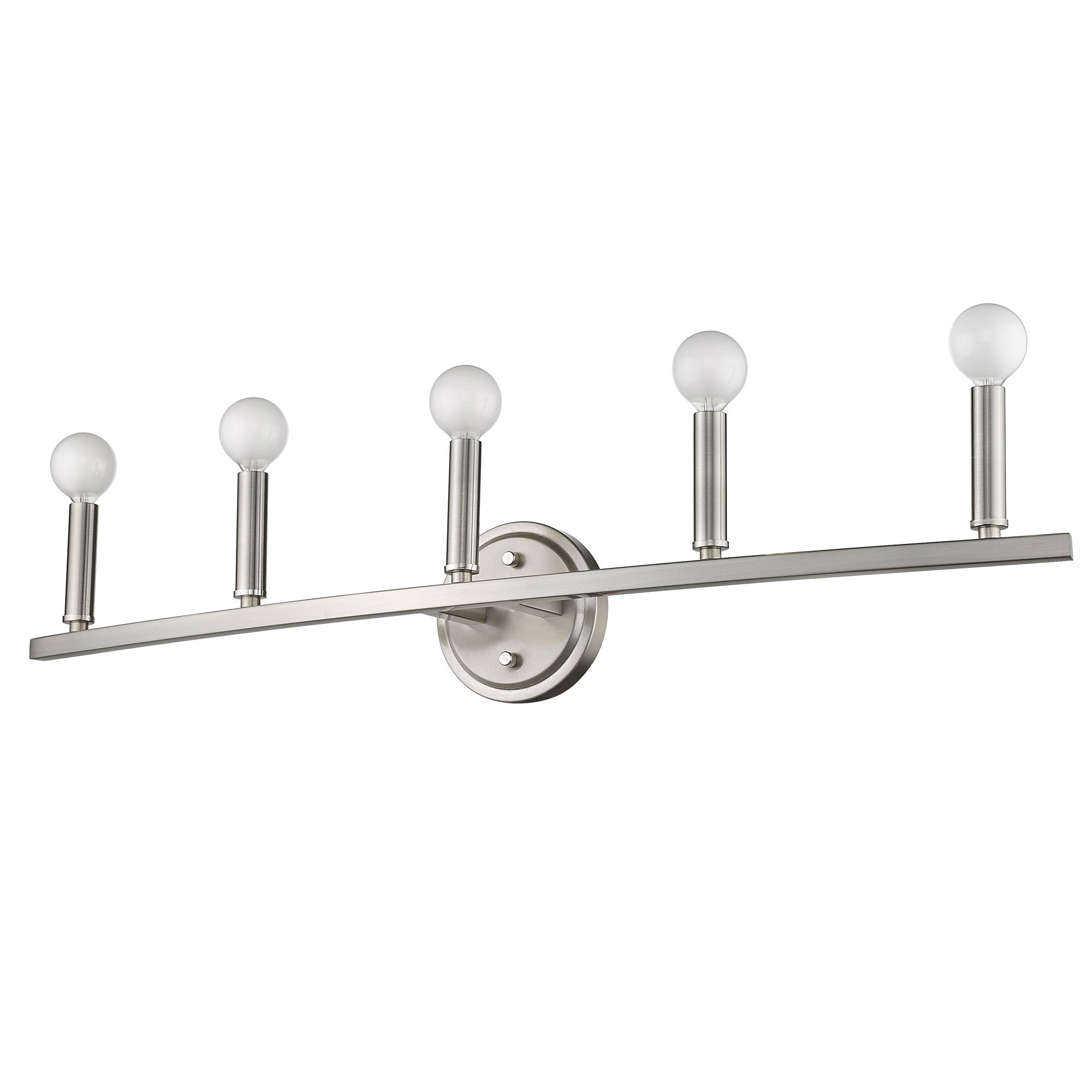 Bottom up right angle view of the lighted Sawyer 5-Light Satin Nickel Curved Vanity Light with reversible mount for bathroom with round bulbs