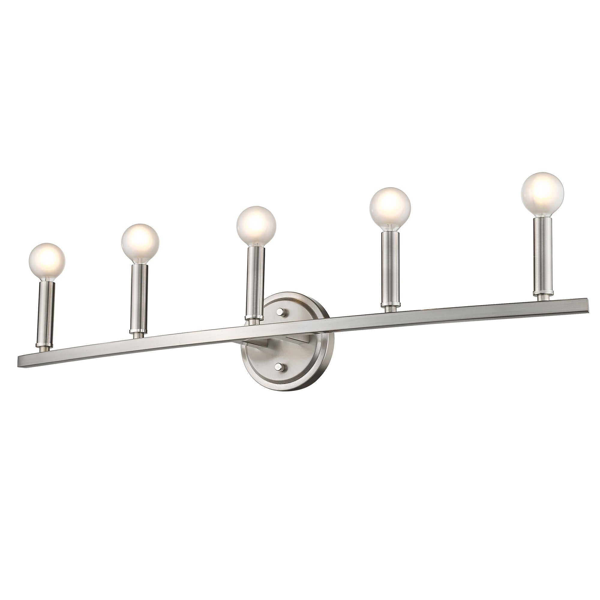 Bottom up right angle view of the lighted Sawyer 5-Light Satin Nickel Curved Vanity Light with reversible mount for bathroom with round bulbs