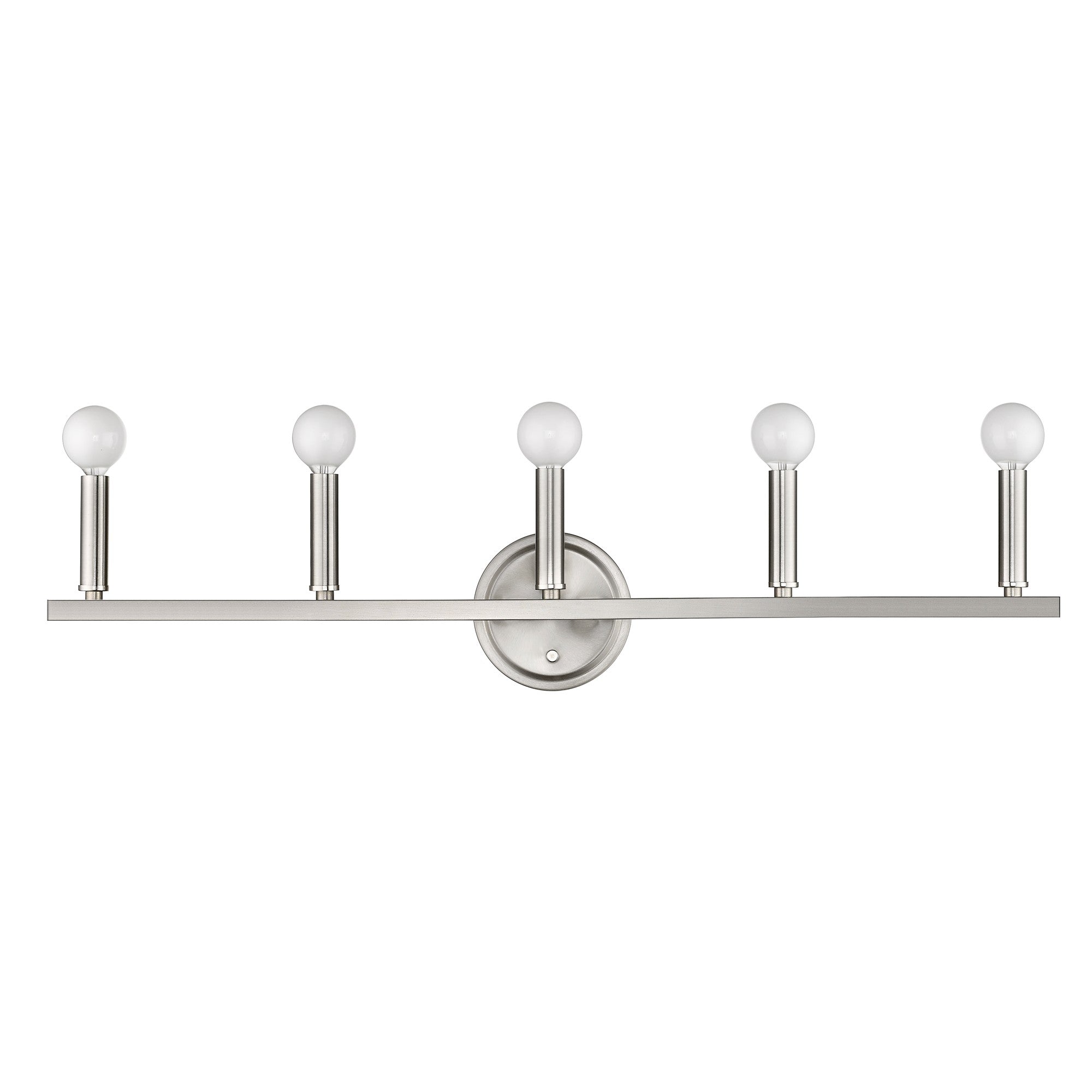 Front view of the Sawyer 5-Light Satin Nickel Curved Vanity Light with reversible mount for bathroom
