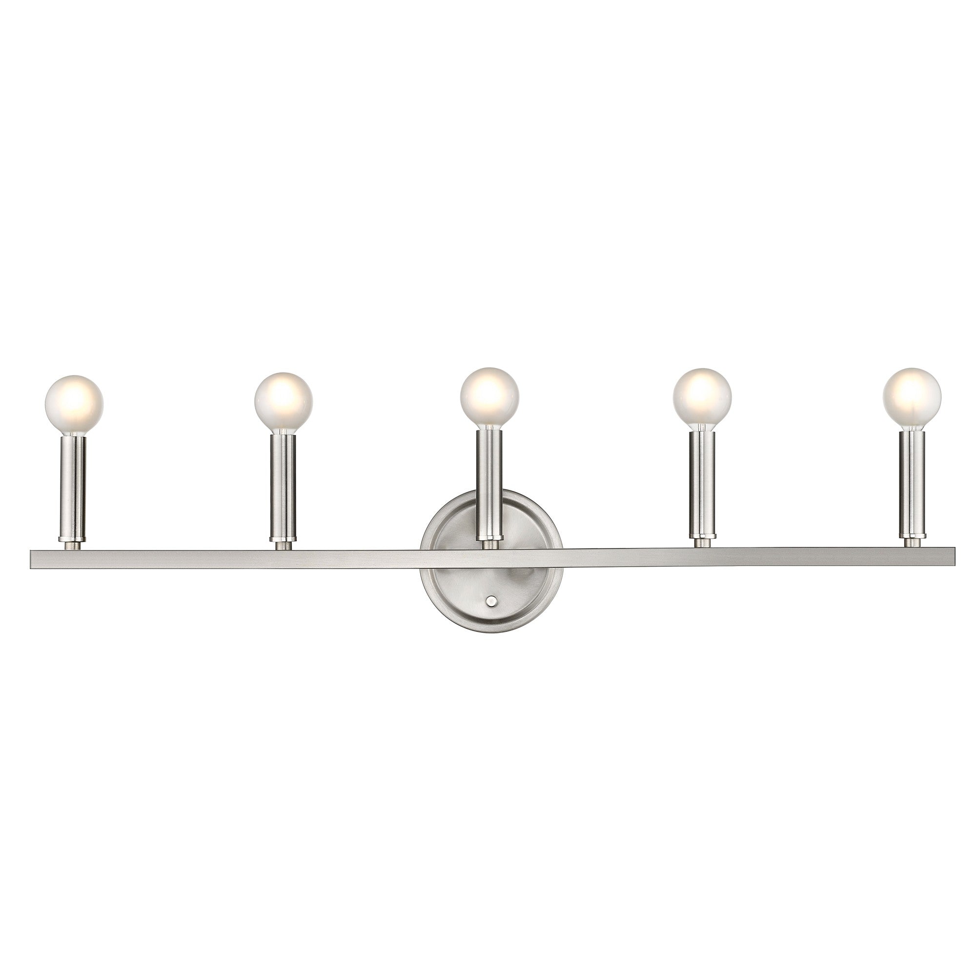 Front view of the lighted Sawyer 5-Light Satin Nickel Curved Vanity Light with reversible mount for bathroom