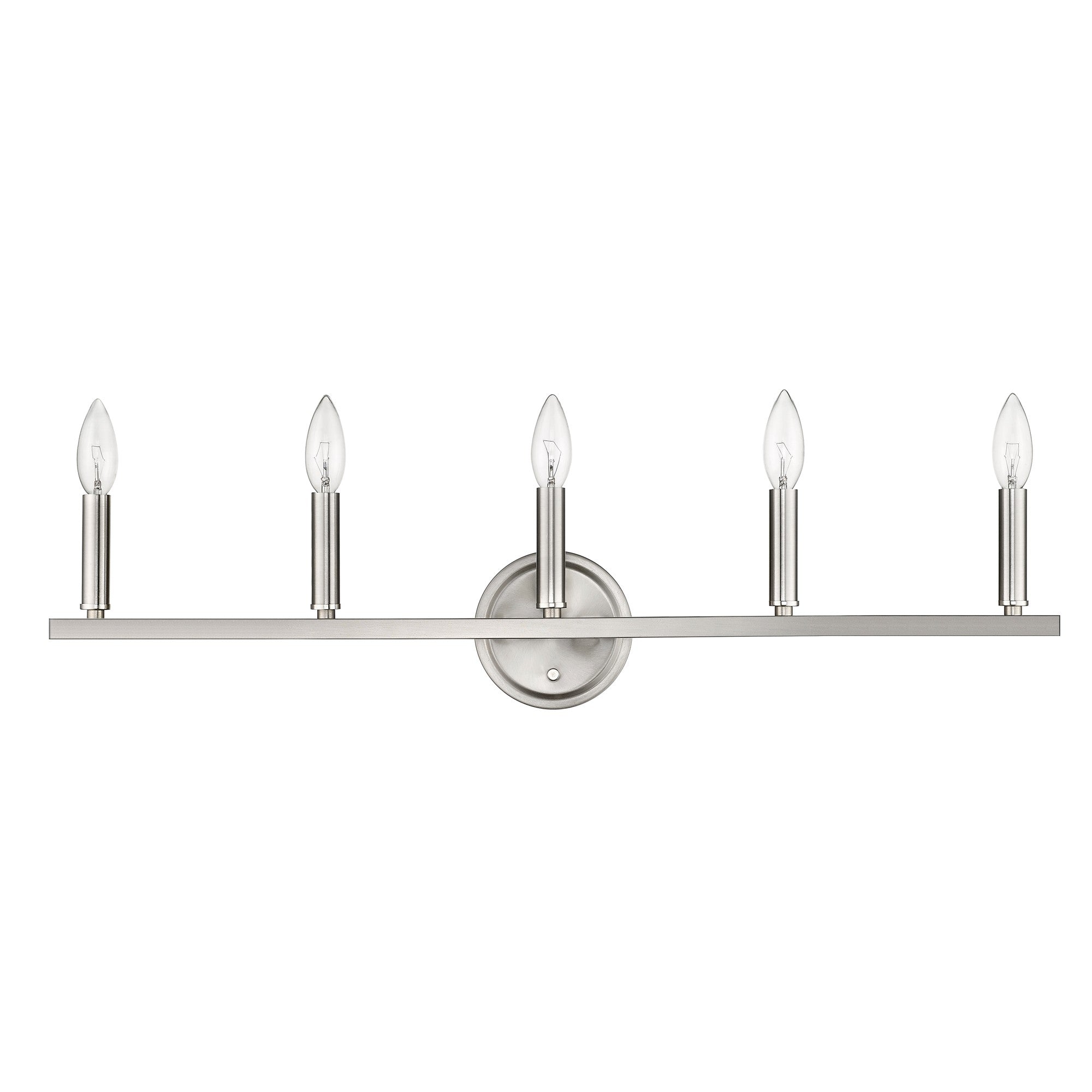 Front  view of the Sawyer 5-Light Satin Nickel Curved Vanity Light with reversible mount for bathroom with candelabra bulbs