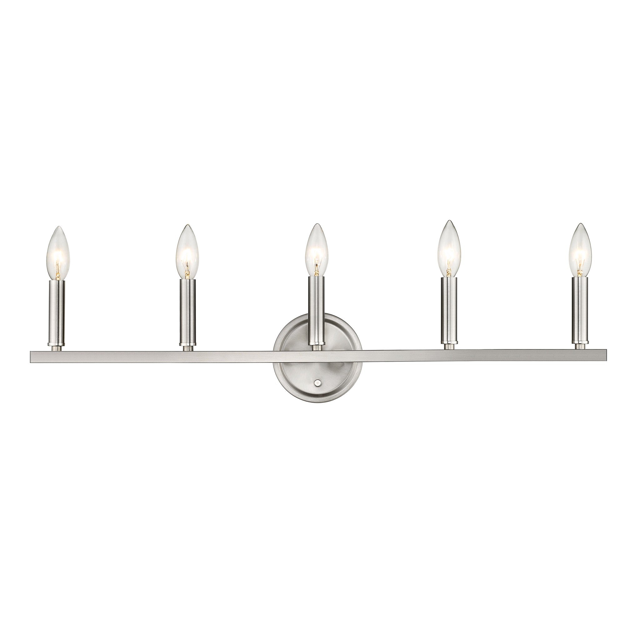 Front  view of the lighted Sawyer 5-Light Satin Nickel Curved Vanity Light with reversible mount for bathroom with candelabra bulbs