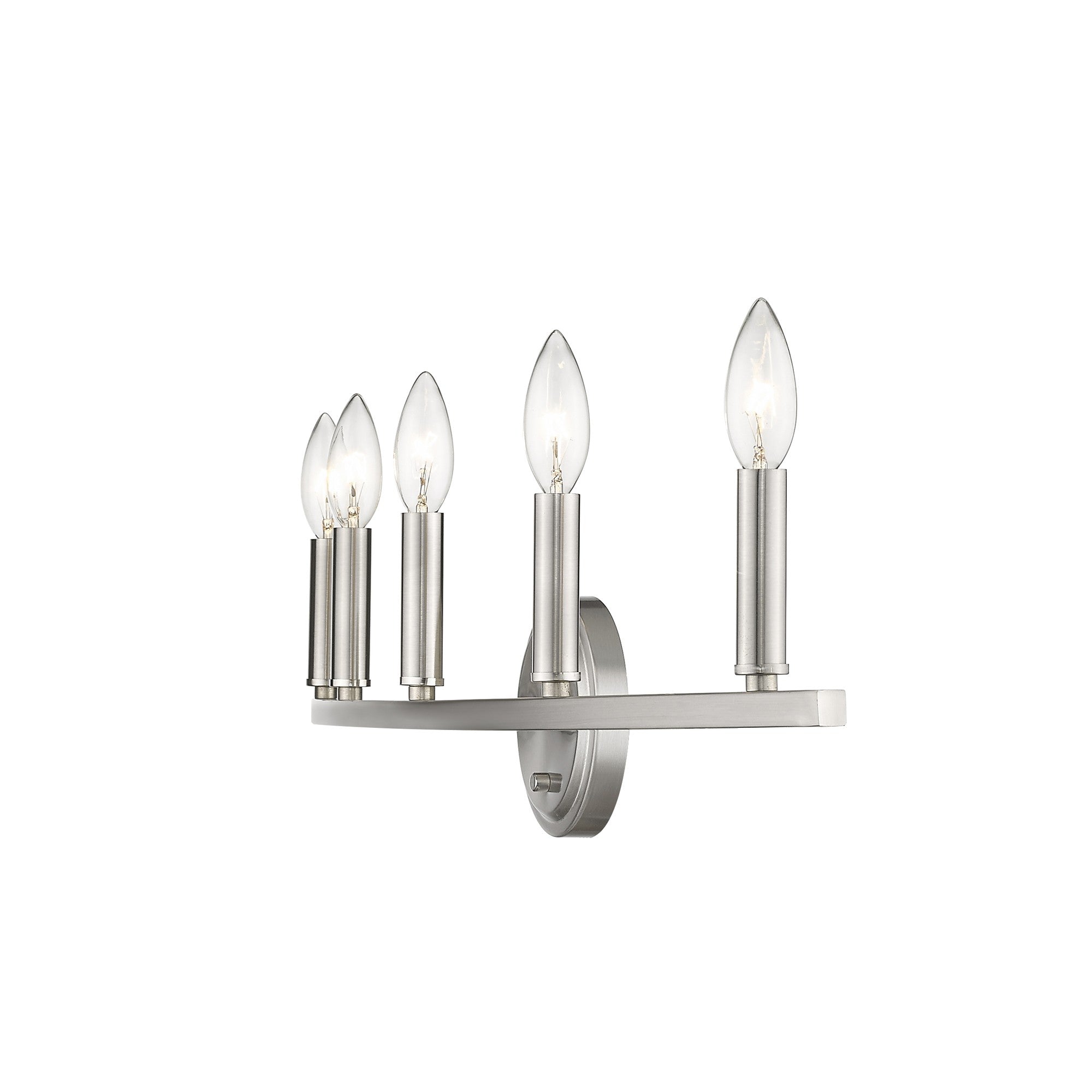 Front right angle view of the lighted Sawyer 5-Light Satin Nickel Curved Vanity Light with reversible mount for bathroom