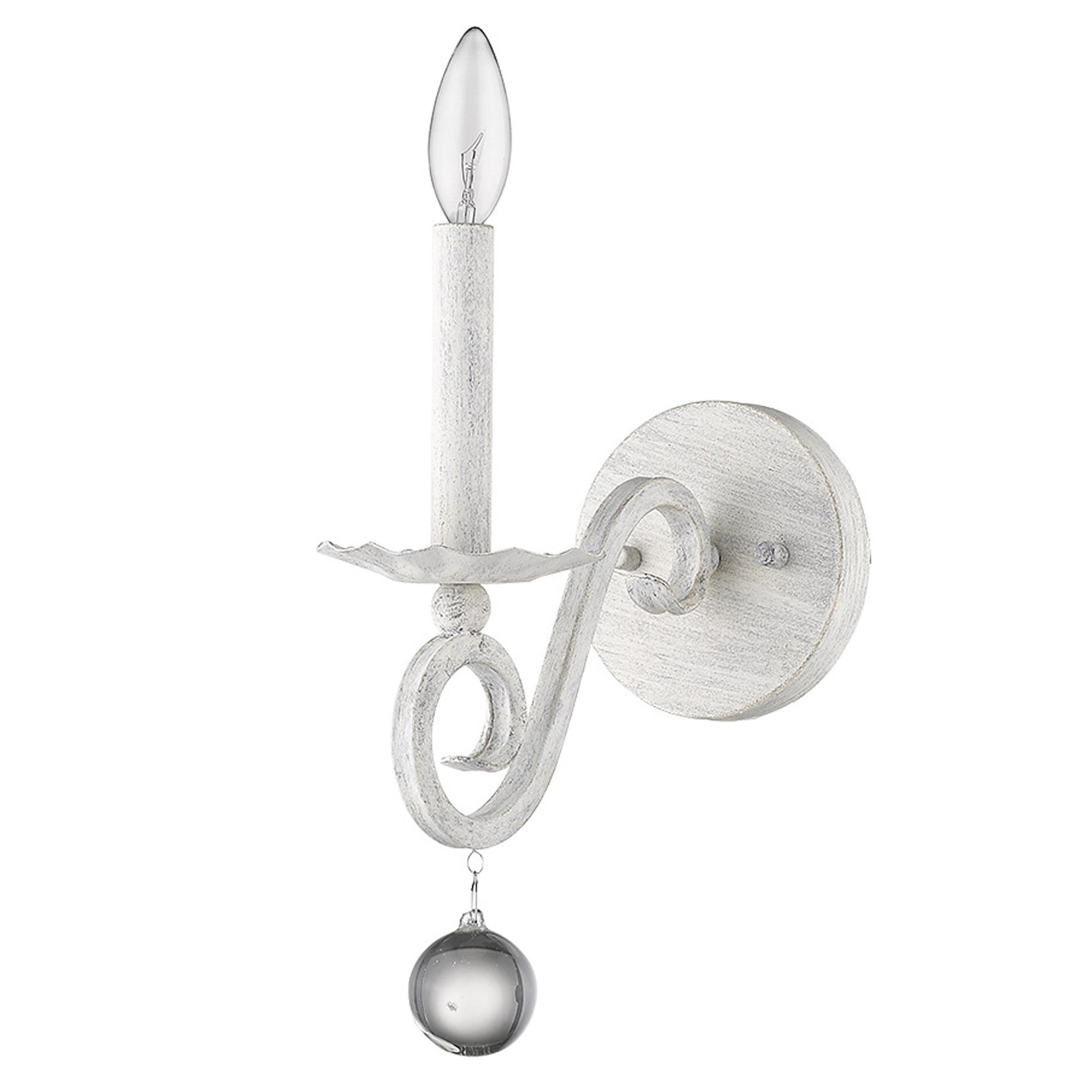 Front right angle view of the Rustic White Farmhouse Wall Sconce with crystal orb accent and distressed finish