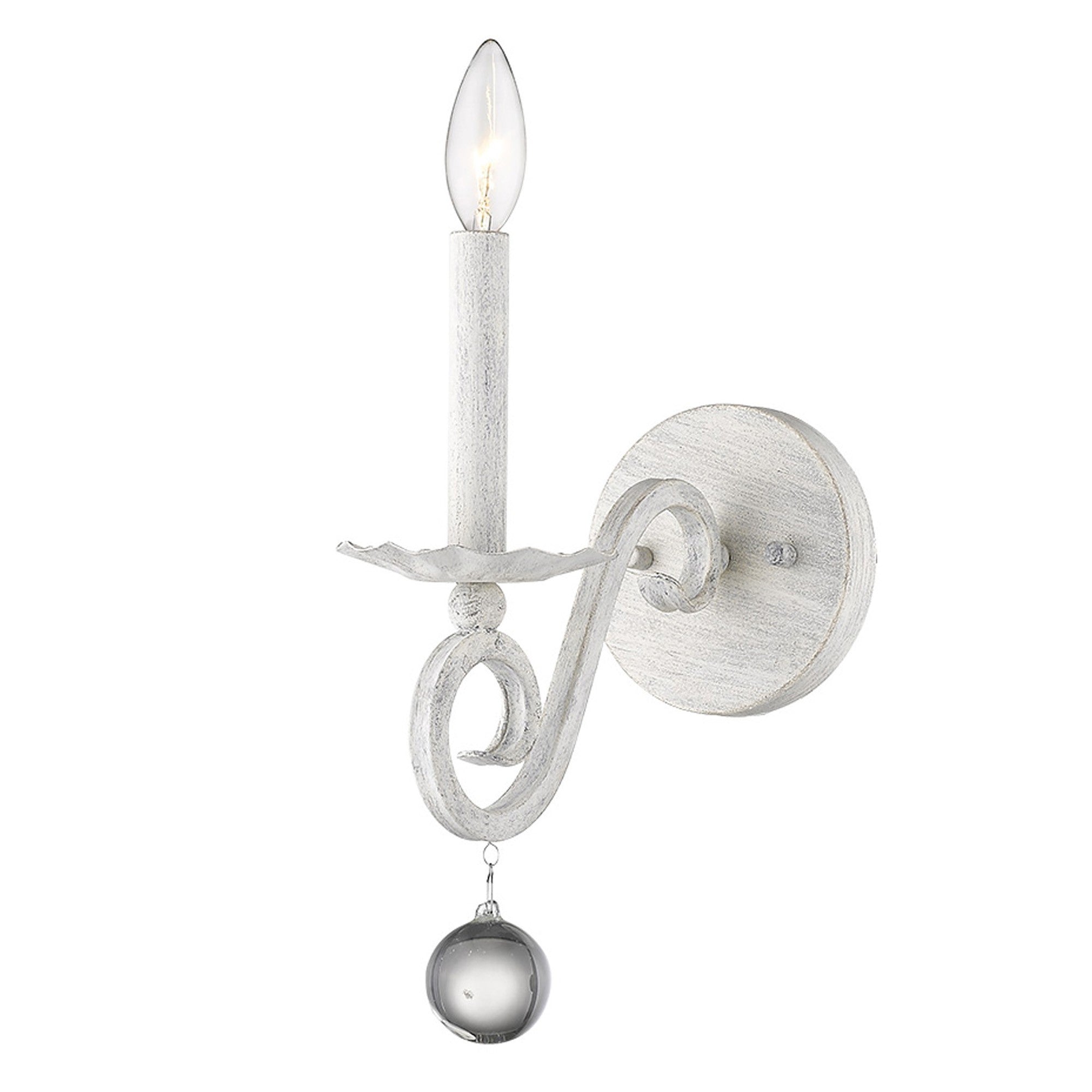 Front right angle view of the lighted Rustic White Farmhouse Wall Sconce with crystal orb accent and distressed finish