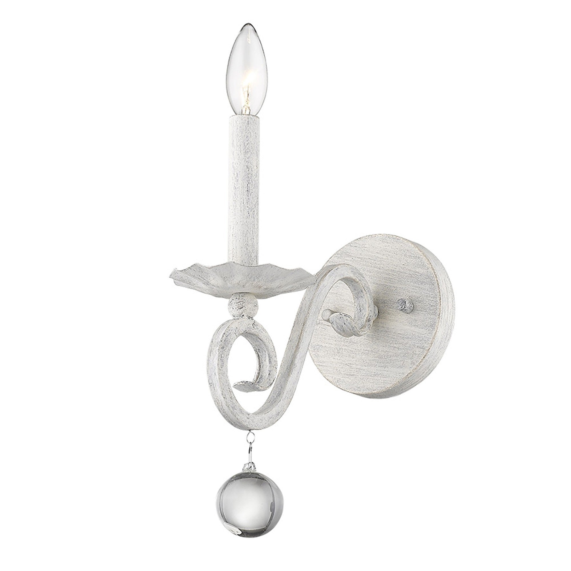 Bottom up right angle view of the lighted Rustic White Farmhouse Wall Sconce with crystal orb accent and distressed finish
