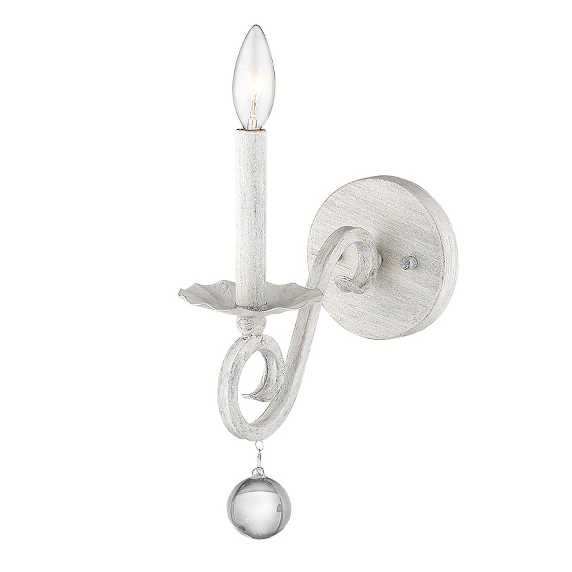 Front right angle view of the lighted Rustic White Farmhouse Wall Sconce with crystal orb accent and distressed finish