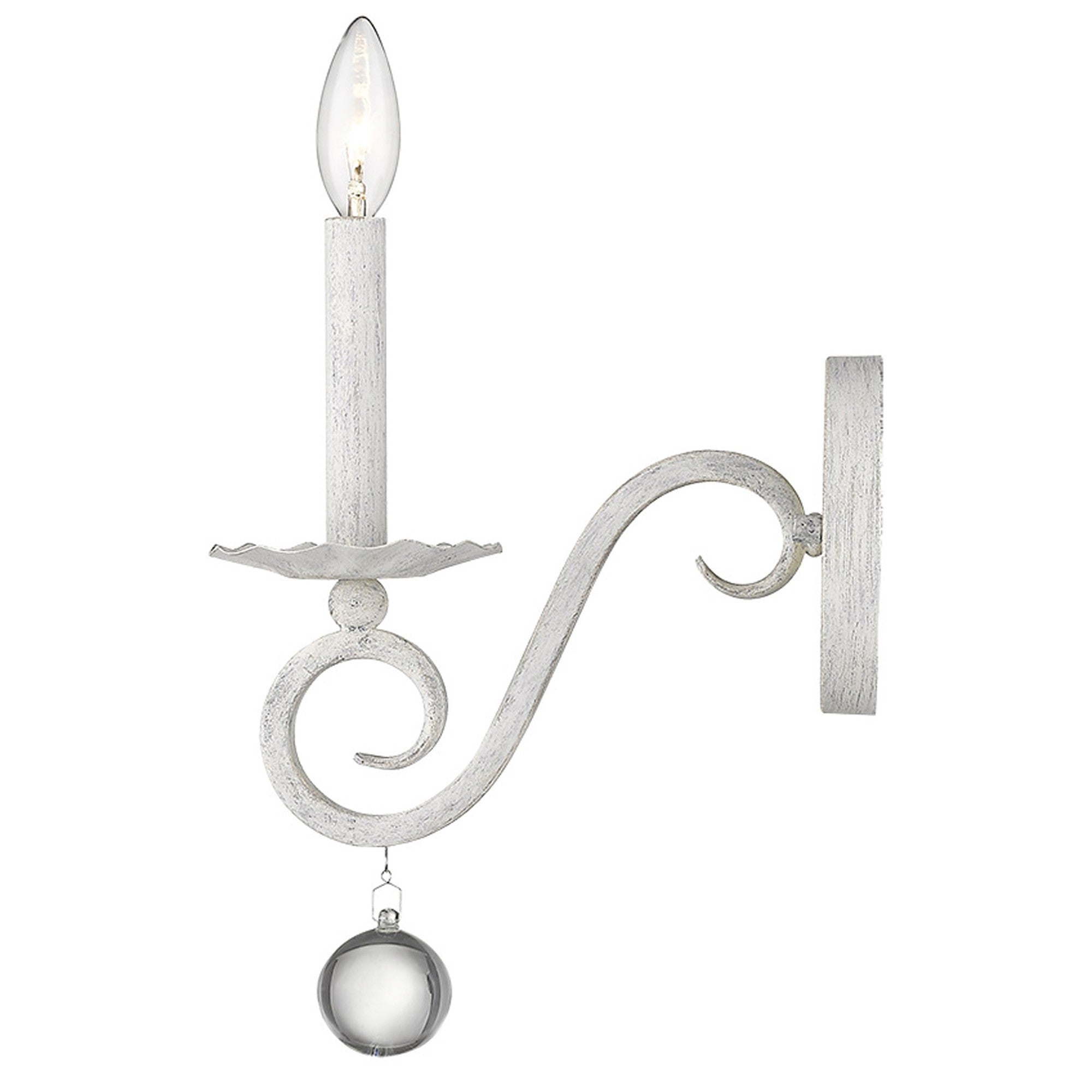 Side view of the lighted Rustic White Farmhouse Wall Sconce with crystal orb accent and distressed finish