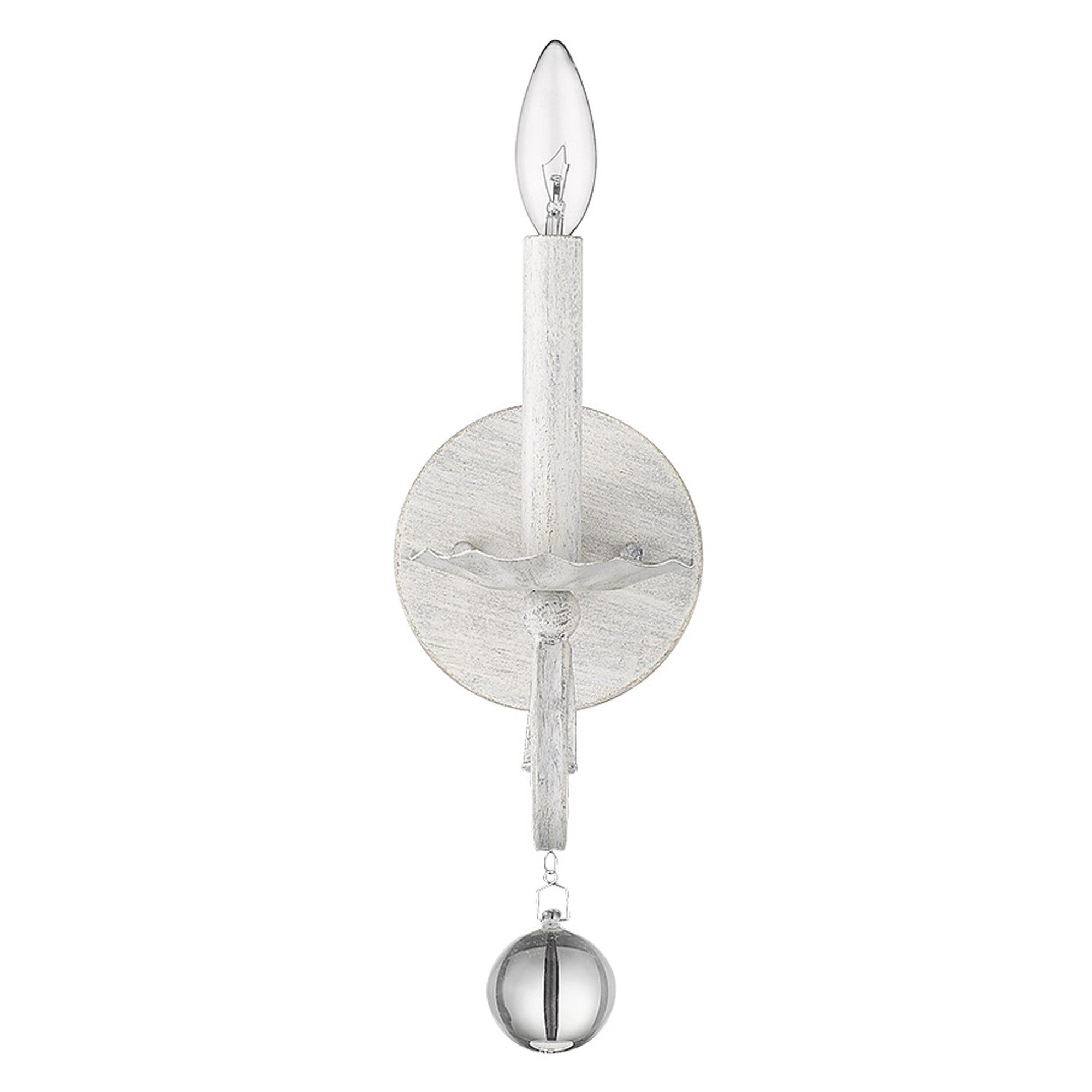 Front view of the Rustic White Farmhouse Wall Sconce with crystal orb accent and distressed finish