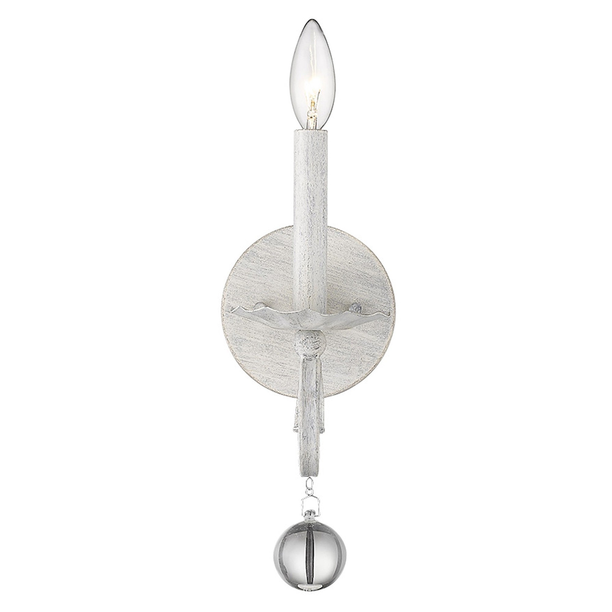 Front view of the lighted Rustic White Farmhouse Wall Sconce with crystal orb accent and distressed finish