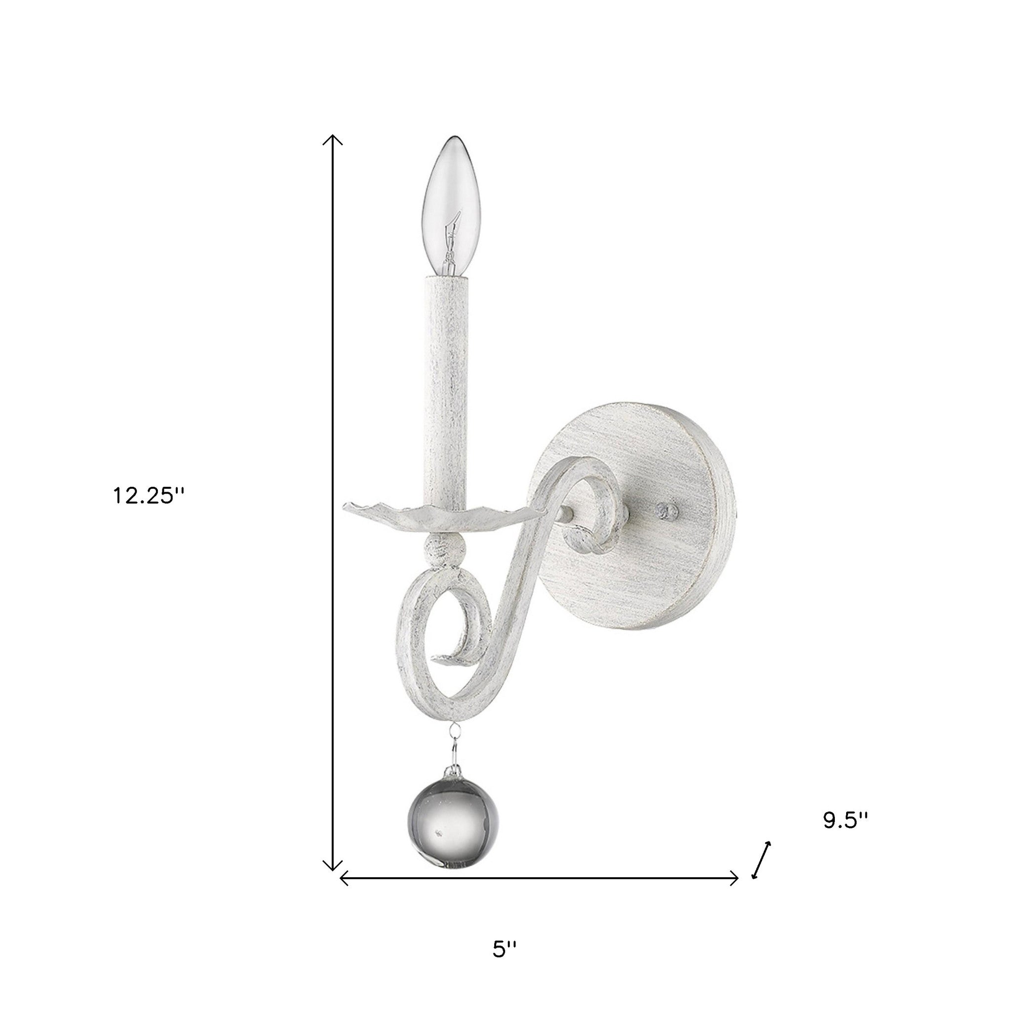 Rustic White Farmhouse Wall Sconce with crystal orb accent and distressed finish shown with dimensions of 12 point 25 inches high by 5 inches wide by 9 point 5 inches deep