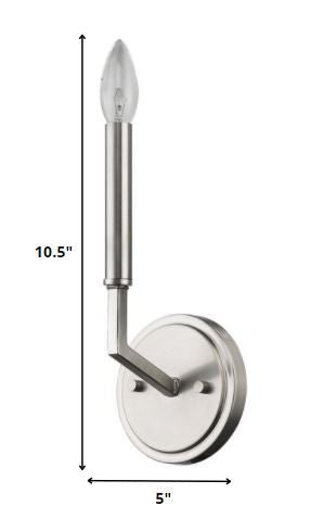 Minimalist Silver Wall Sconce with modern exposed bulb design in sleek polished finish shown with dimensions of 10 point 5 inches high by 5 inches wide