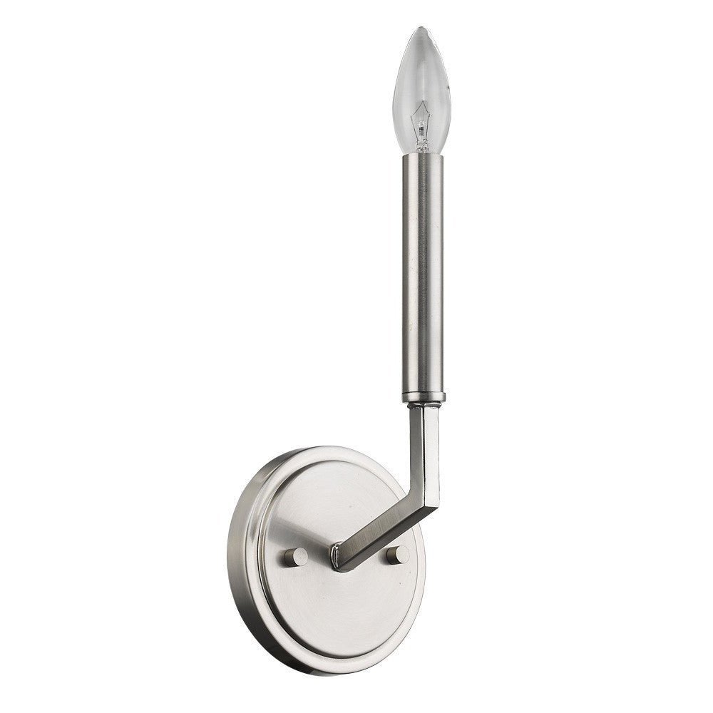 Front left angle view of the Minimalist Silver Wall Sconce with modern exposed bulb design in sleek polished finish