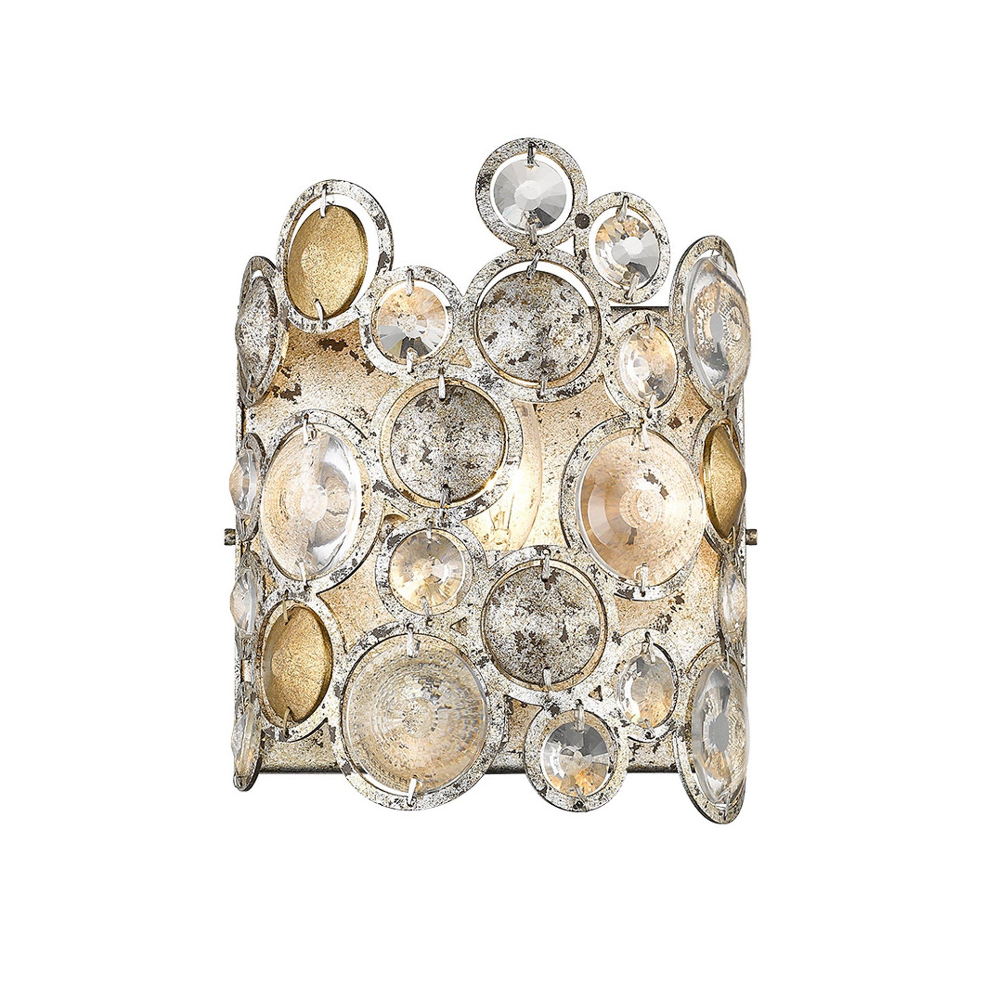 Front view of the Vitozzi Single Bulb Antique Silver Leaf Sconce with K9 crystal accents in antique silver finish