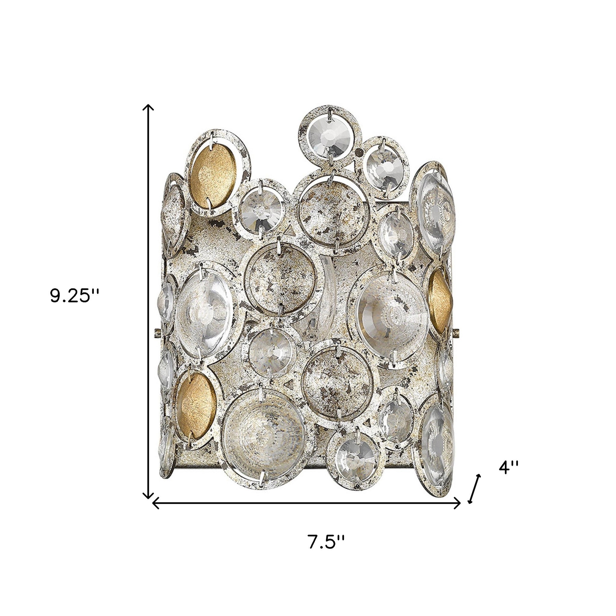 Vitozzi Single Bulb Antique Silver Leaf Sconce with K9 crystal accents in antique silver finish shown with dimensions of 9 point 25 inches high by 7 point 5 inches wide by 4 inches deep