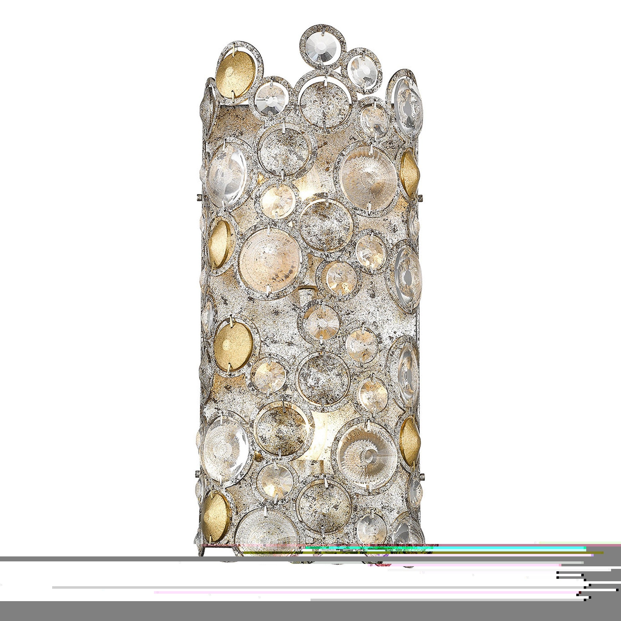 Front view of the Vitozzi dual bulb antique silver leaf wall sconce with K9 crystals vintage glam lighting fixture