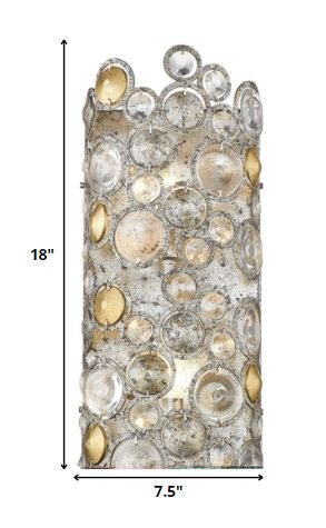 Vitozzi dual bulb antique silver leaf wall sconce with K9 crystals vintage glam lighting fixture shown with dimensions of 18 inches high by 7 point 5 inches wide