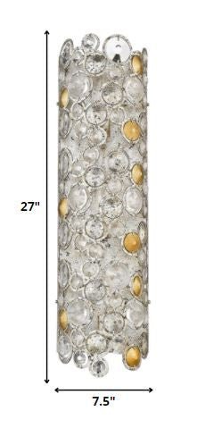 Vitozzi tri-bulb antique silver leaf wall sconce with K9 crystals luxury wall light for entryway or living room shown with dimensions of 27 inches high by 7 point 5 inches wide