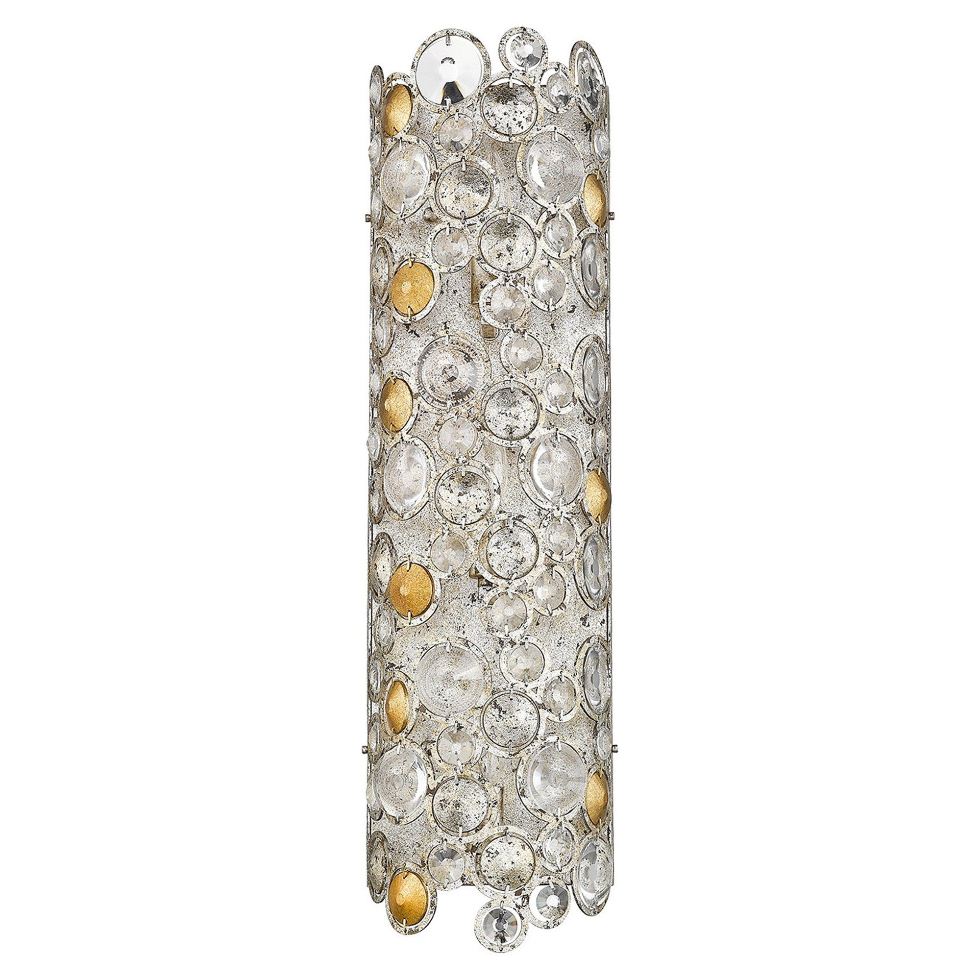 Front view of the Vitozzi tri-bulb antique silver leaf wall sconce with K9 crystals luxury wall light for entryway or living room