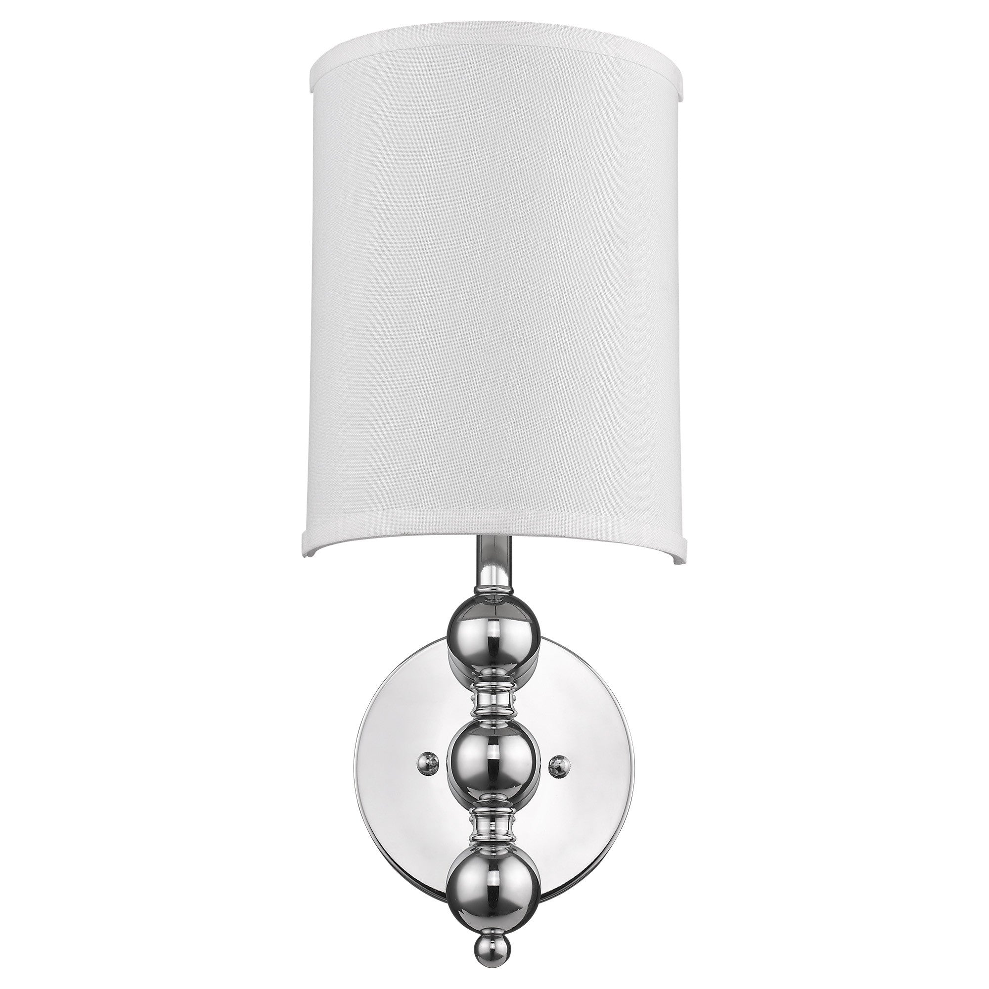 Front view of the Silver chrome wall light with white linen fabric shade elegant indoor sconce for living room or bedroom