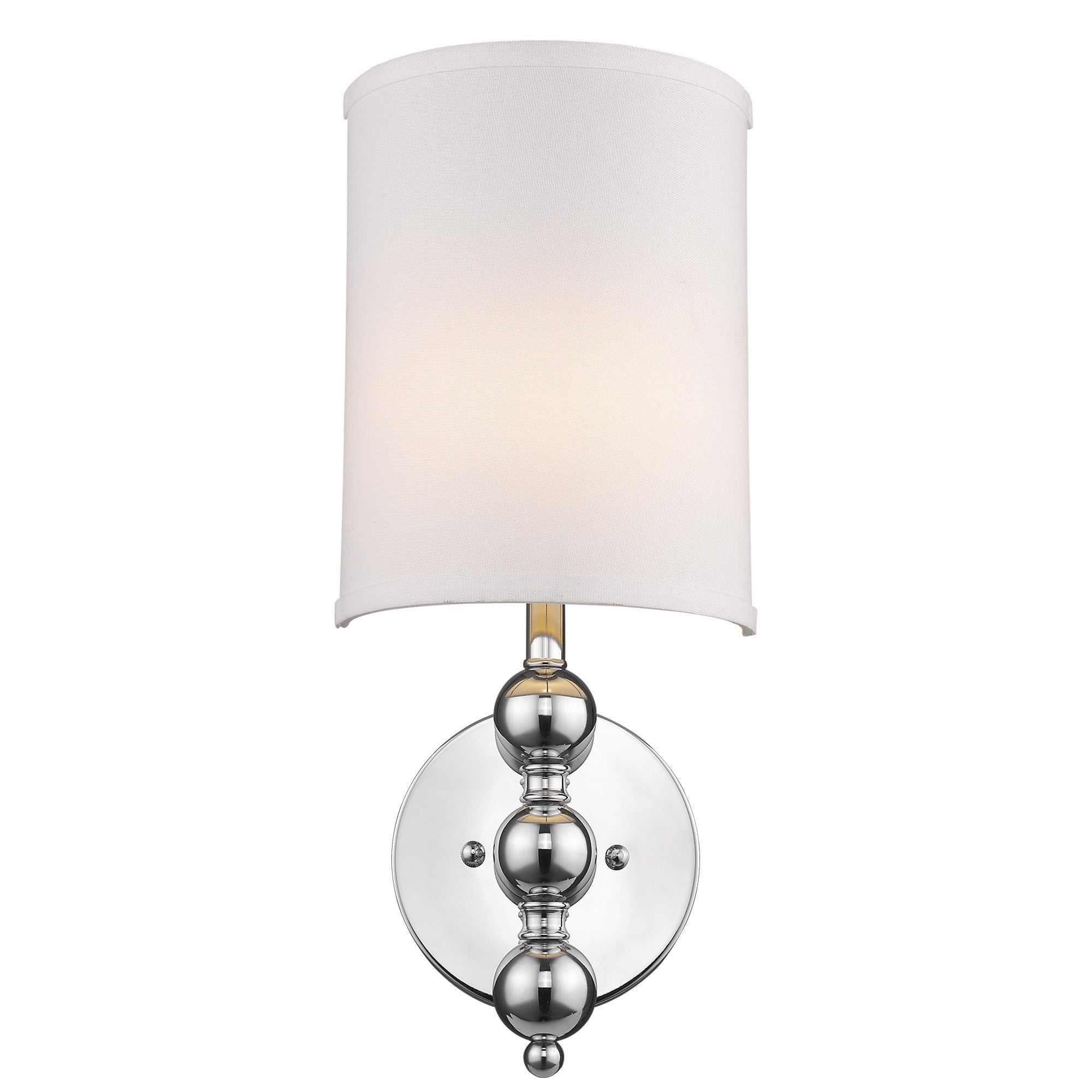 Front view of the lighted Silver chrome wall light with white linen fabric shade elegant indoor sconce for living room or bedroom