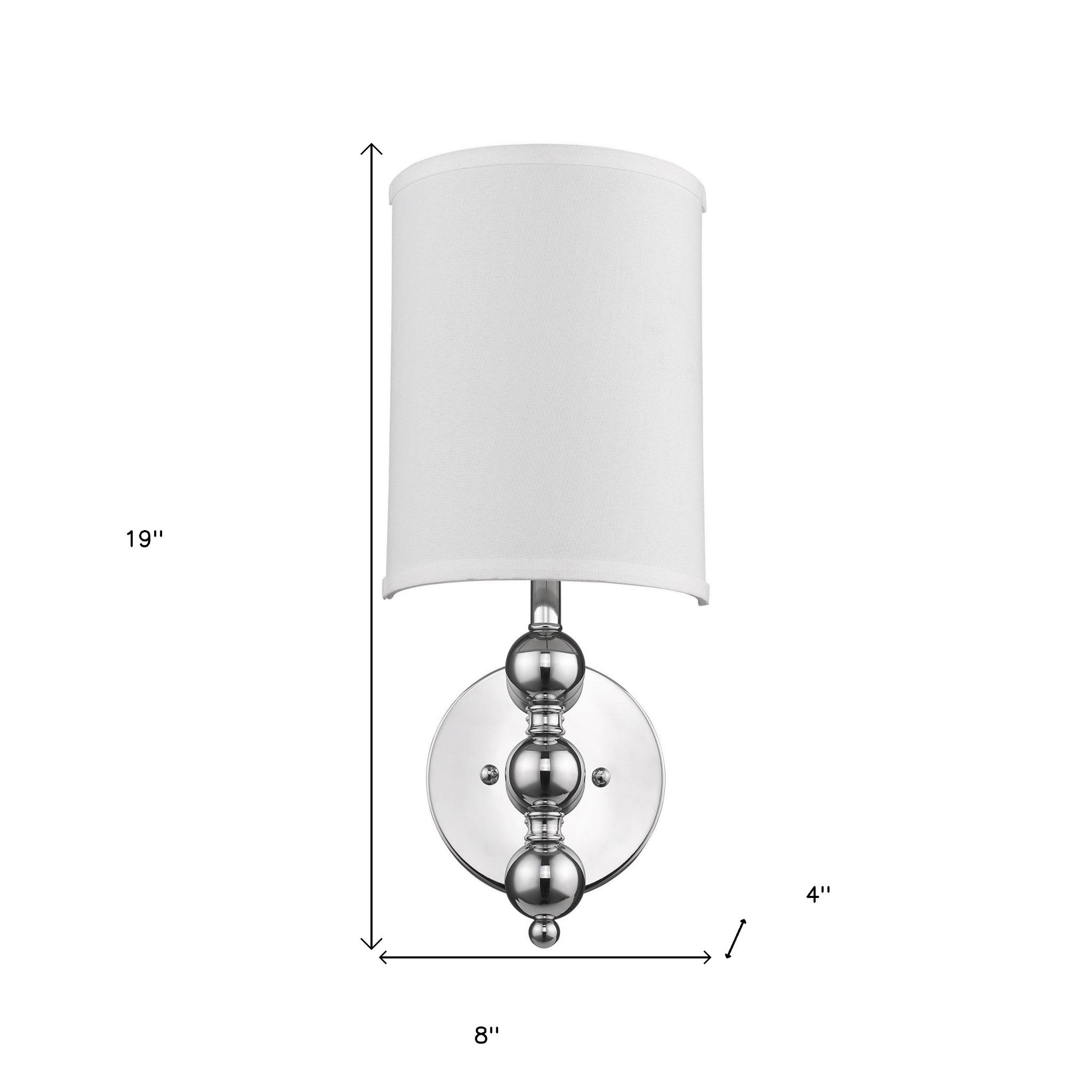 Silver chrome wall light with white linen fabric shade elegant indoor sconce for living room or bedroom shown with dimensions of 19 inches high by 8 inches wide by 4 inches deep