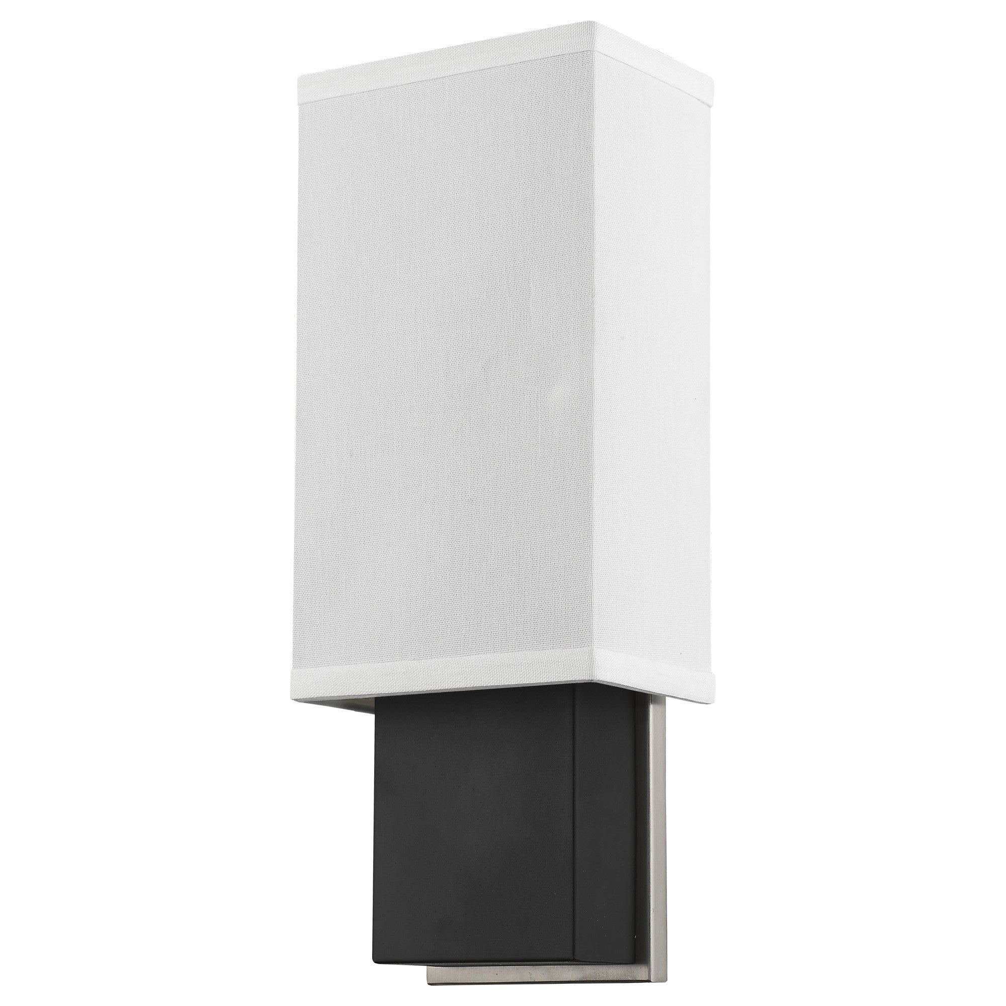 Front right angle view of the Rectangular wall sconce with linen fabric shade modern chrome and dark brown indoor lighting fixture