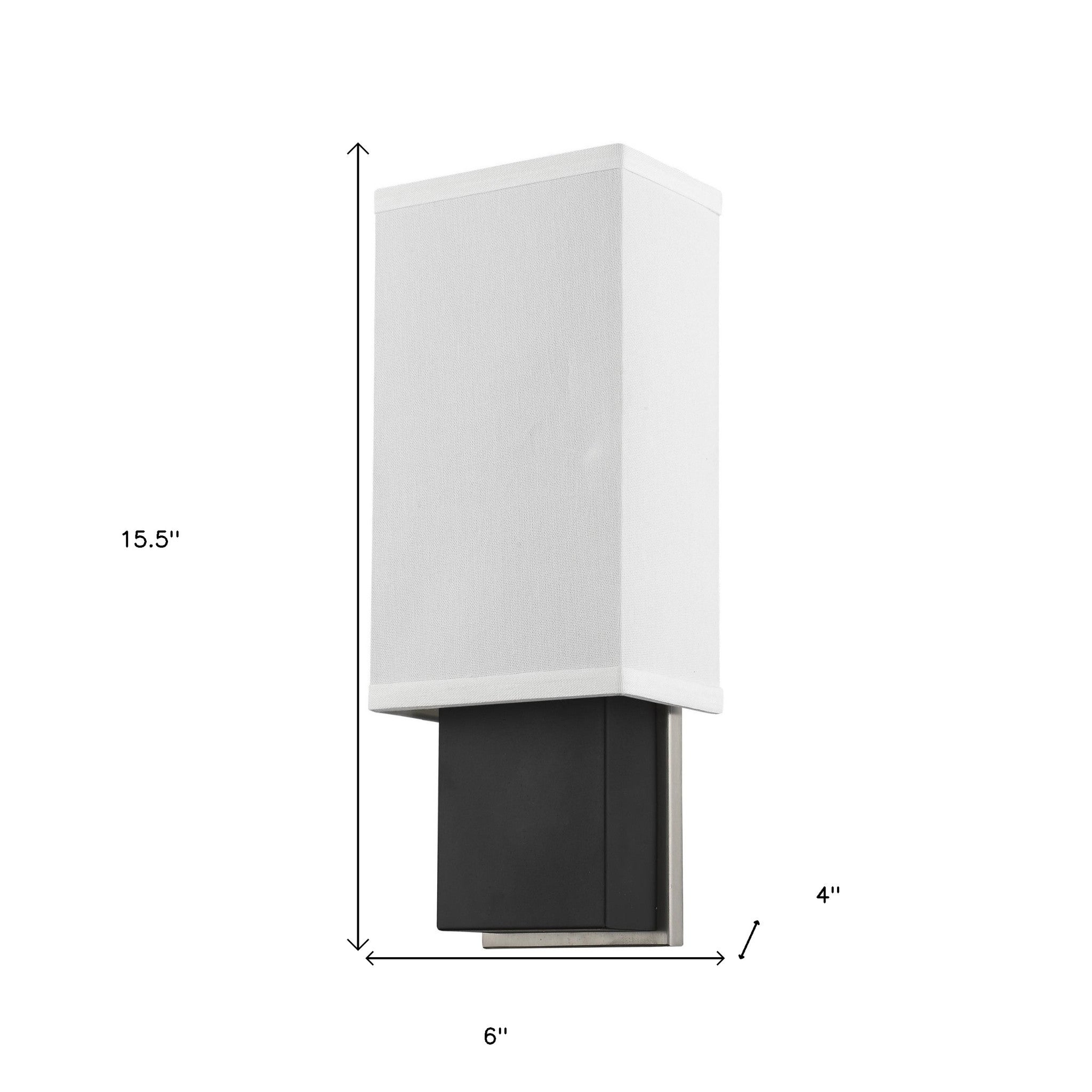 Rectangular wall sconce with linen fabric shade modern chrome and dark brown indoor lighting fixture shown with dimensions of 15 point 5 inches high by 6 inches wide by 4 inches deep