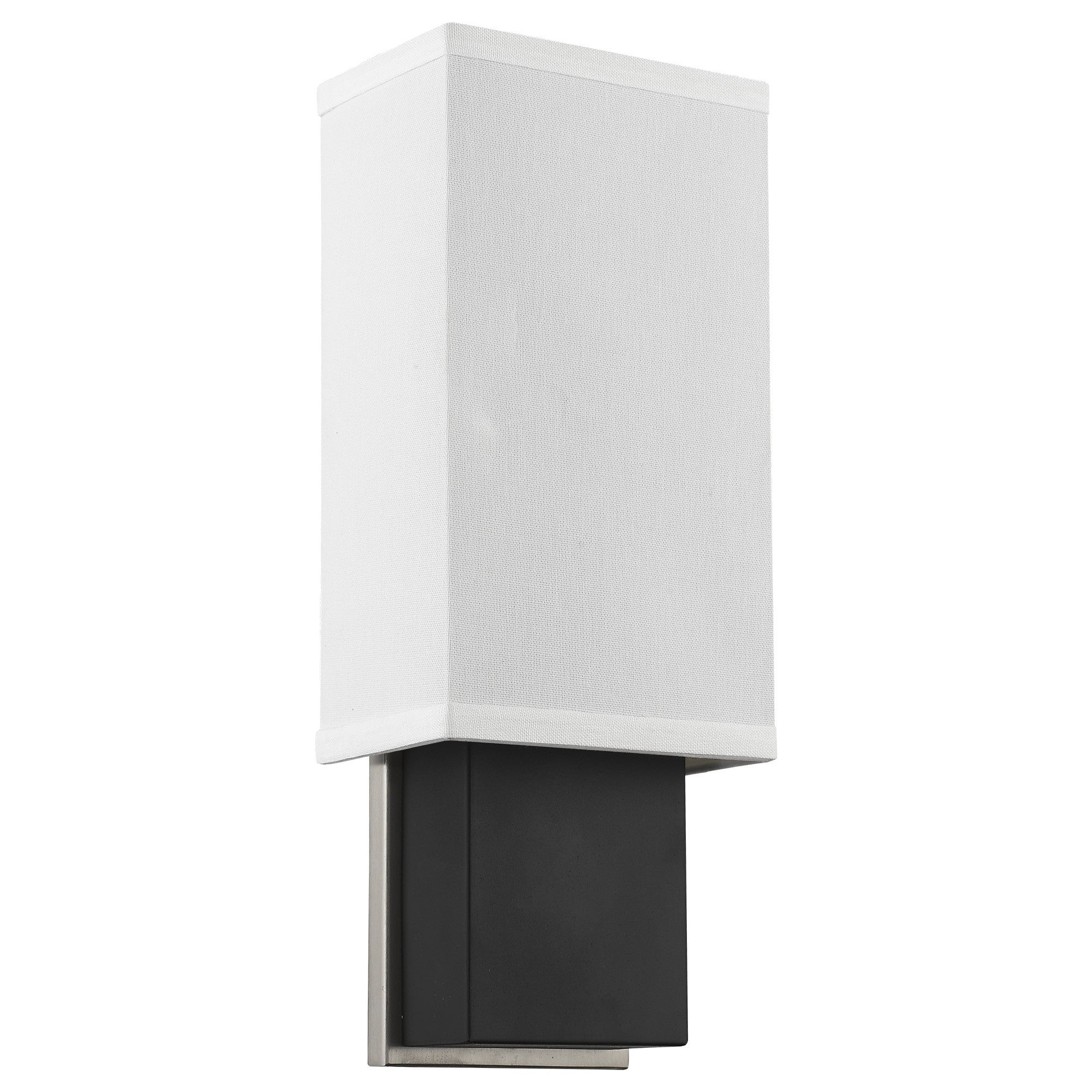 Front left angle view of the Rectangular wall sconce with linen fabric shade modern chrome and dark brown indoor lighting fixture