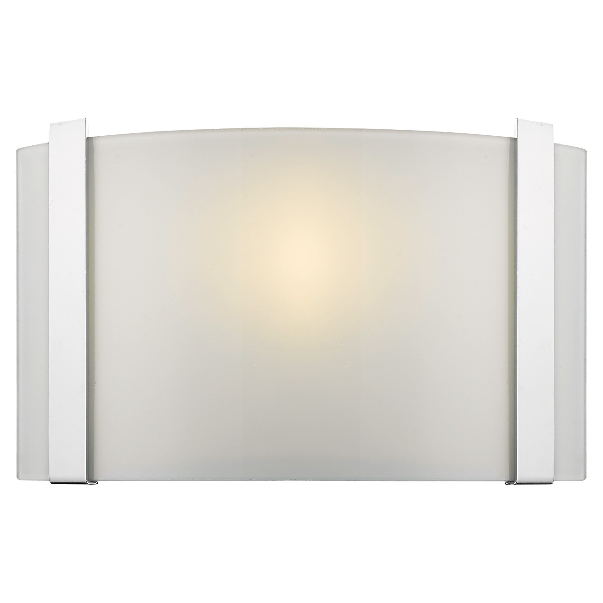 Front view of the lighted Polished chrome wall sconce with frosted glass shade modern indoor lighting fixture