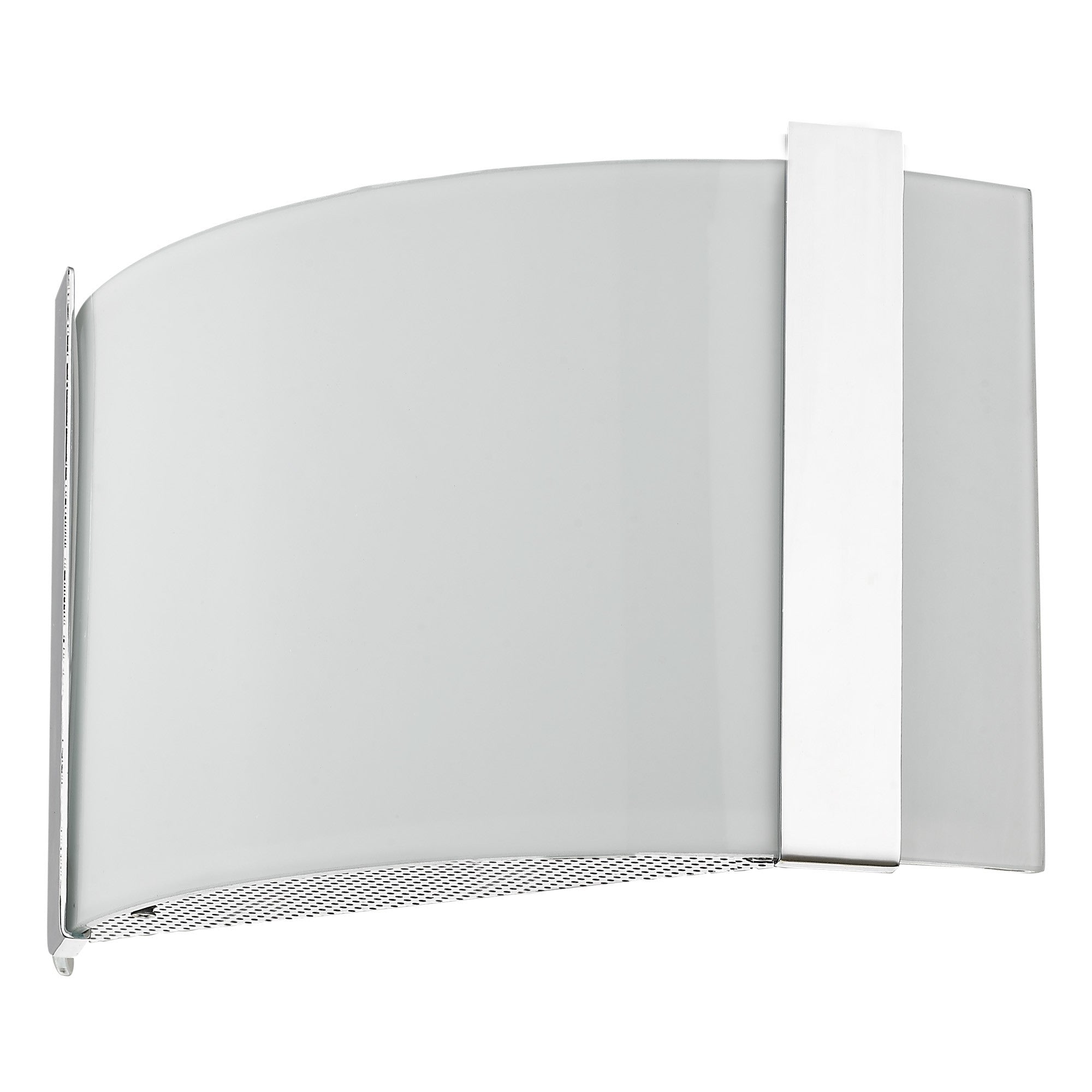 Bottom up front right  angle view of the Polished chrome wall sconce with frosted glass shade modern indoor lighting fixture